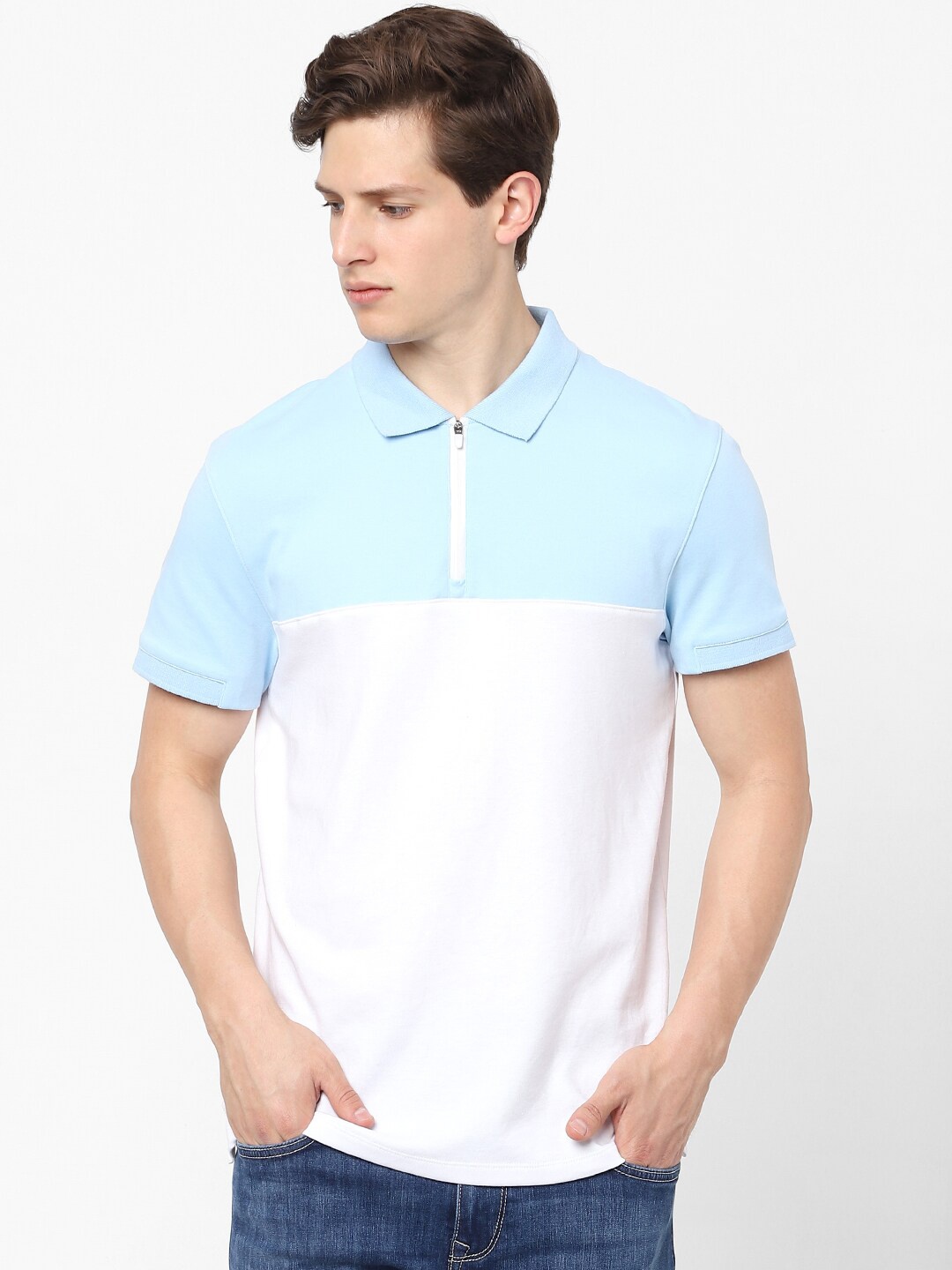

Celio Men Blue & ghost white Colourblocked Polo Collar T-shirt