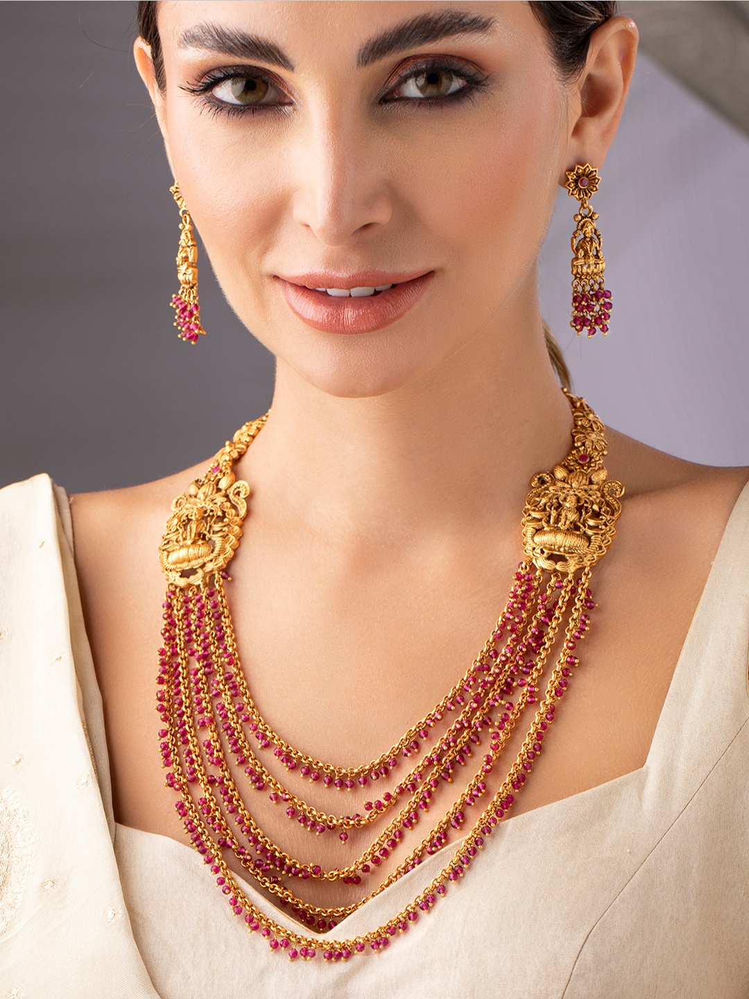 

Rubans Gold-Plated Pink Stone-Studded Beaded Temple Jewellery Set