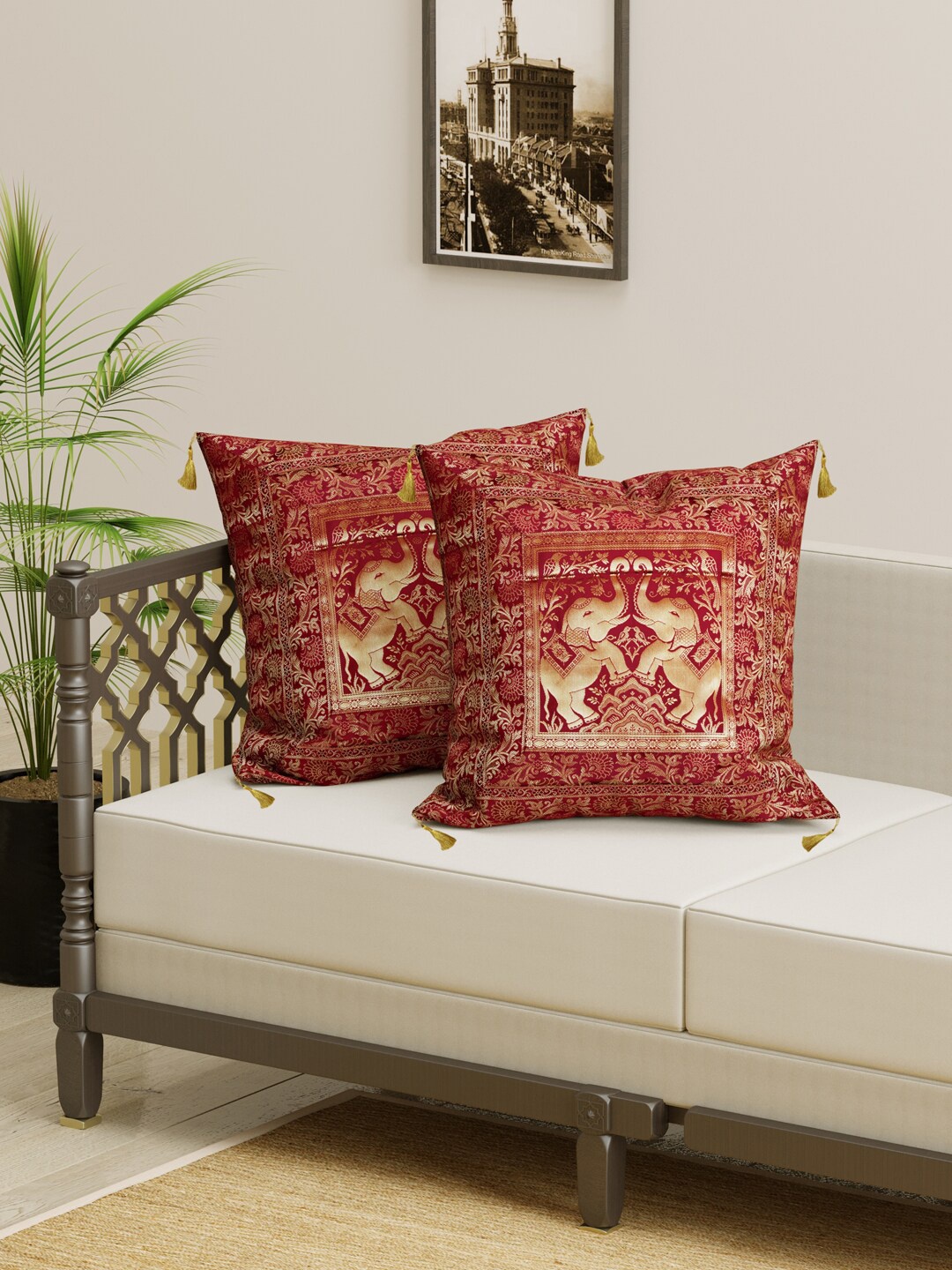 

Gulaab Jaipur Pack Of 2 Red Ethnic Motifs Square Cushion Cover