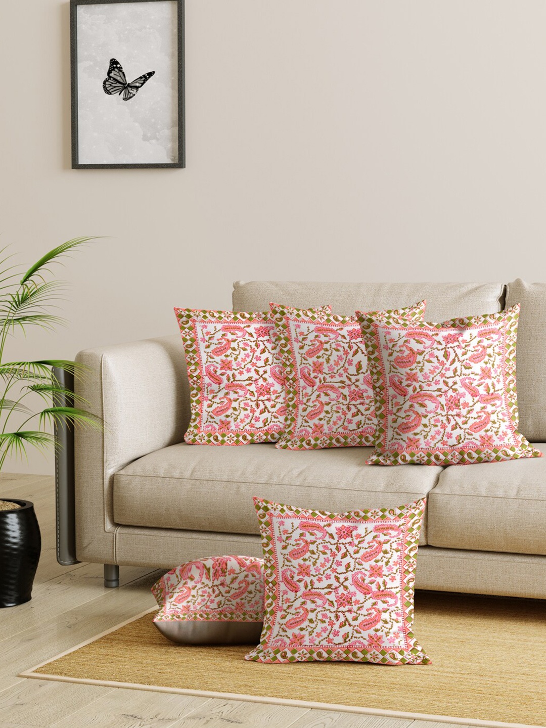 

Gulaab Jaipur Pink & Green Set of 5 Ethnic Motifs Square Cushion Covers