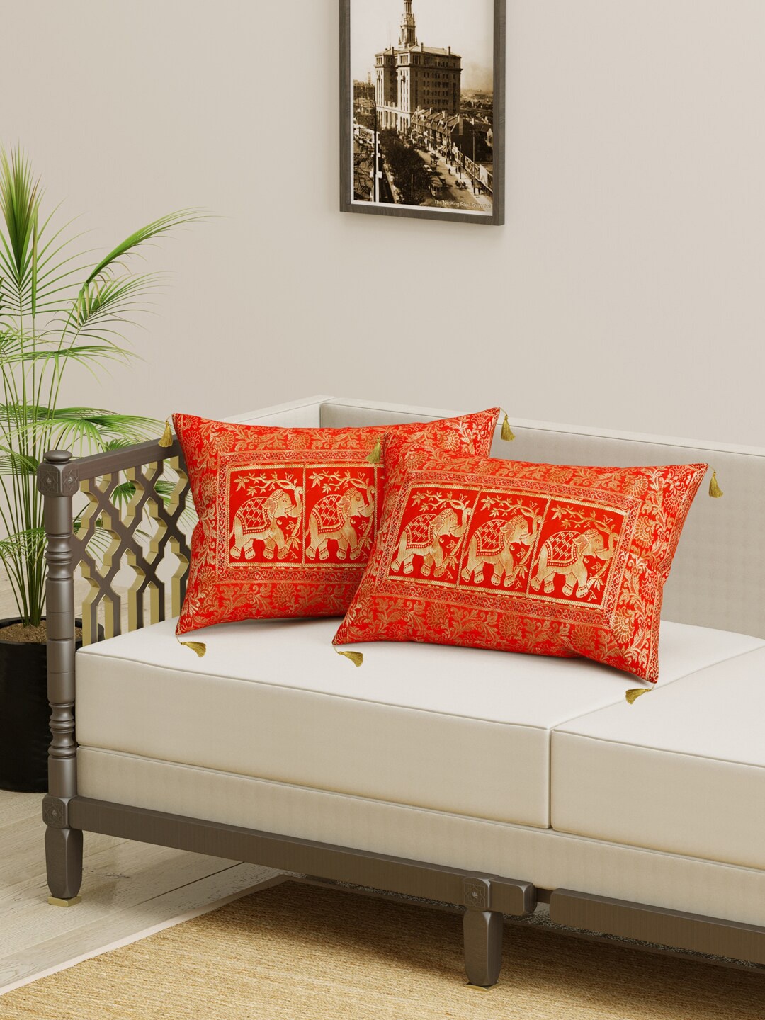 

Gulaab Jaipur Red & Gold-Toned Set of 2 Ethnic Motifs Rectangle Cushion Covers