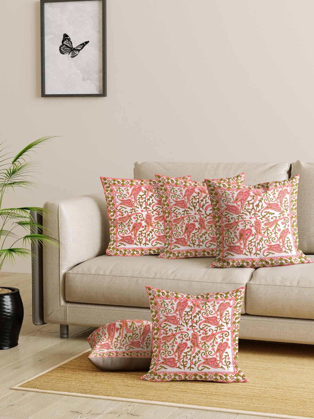 

Gulaab Jaipur Pink & Green Set of 5 Ethnic Motifs Square Cushion Covers