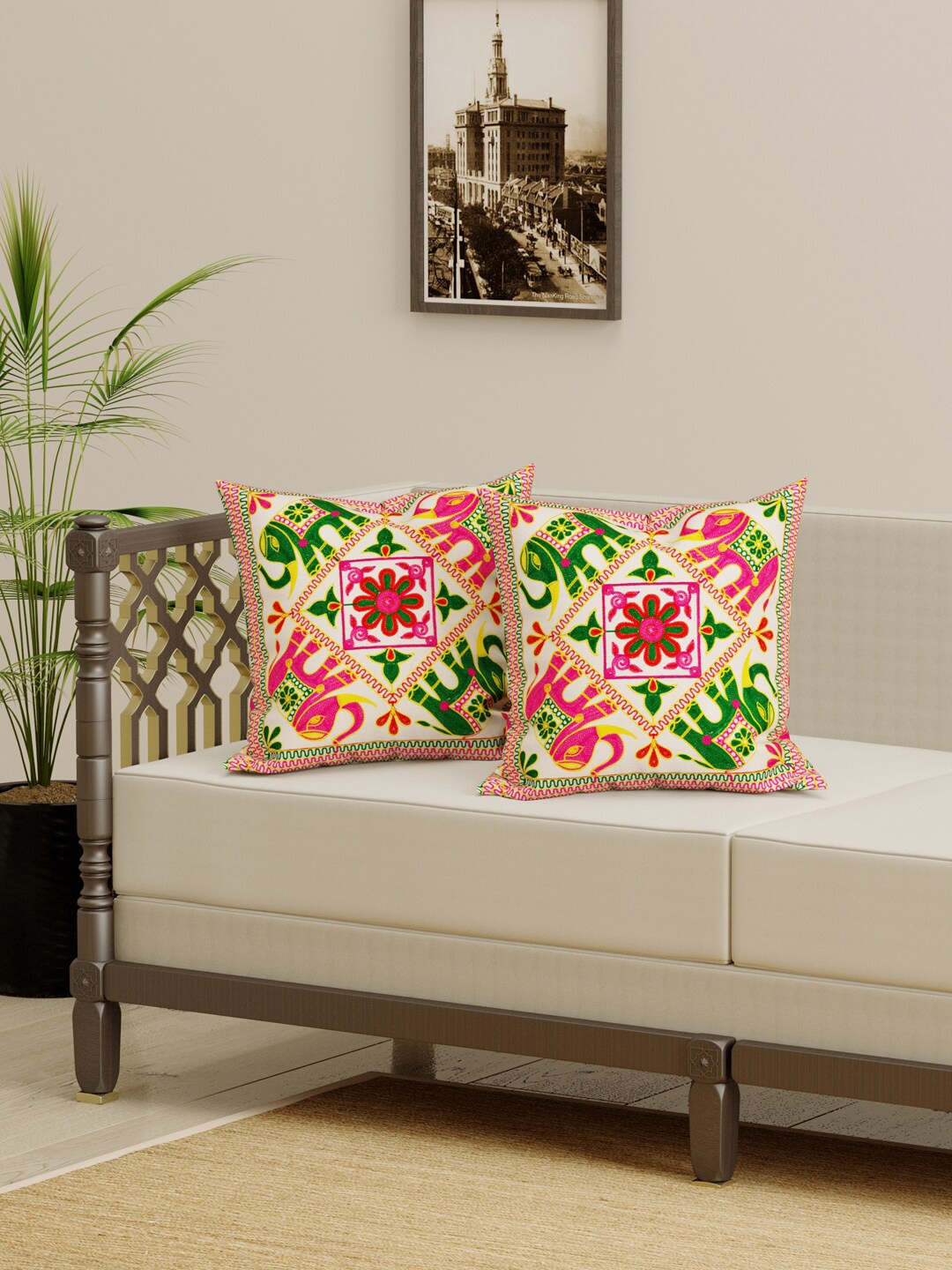 

Gulaab Jaipur Set of 2 Pink & Beige Ethnic Motifs Cotton Square Cushion Covers