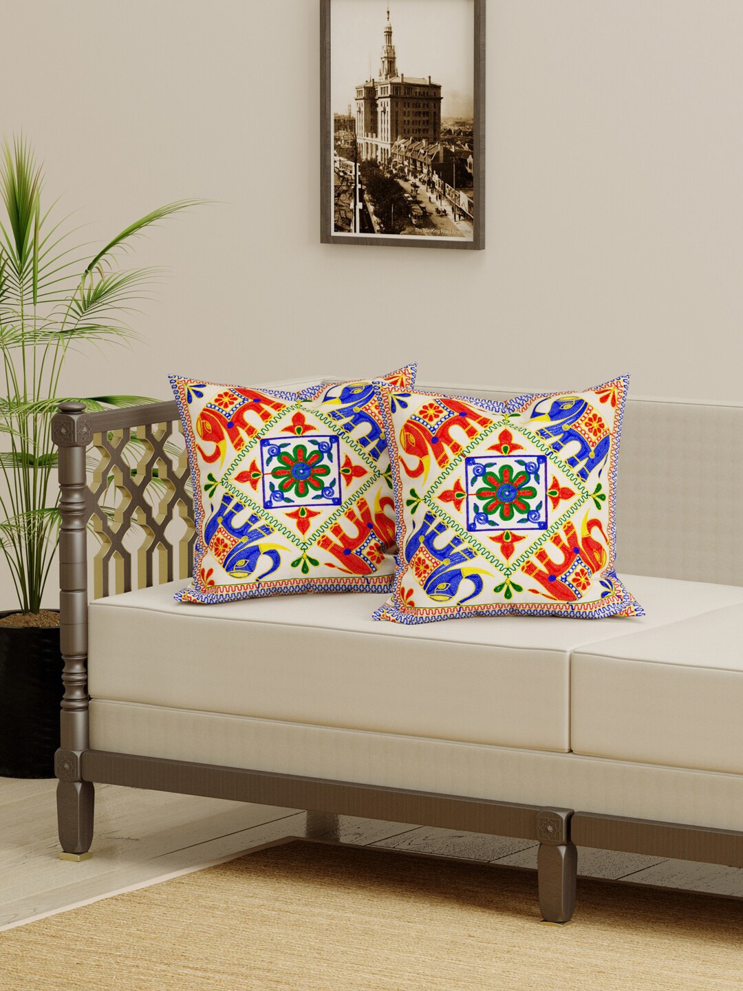 

Gulaab Jaipur Beige & Blue Set of 2 Embroidered Square Cotton Cushion Covers