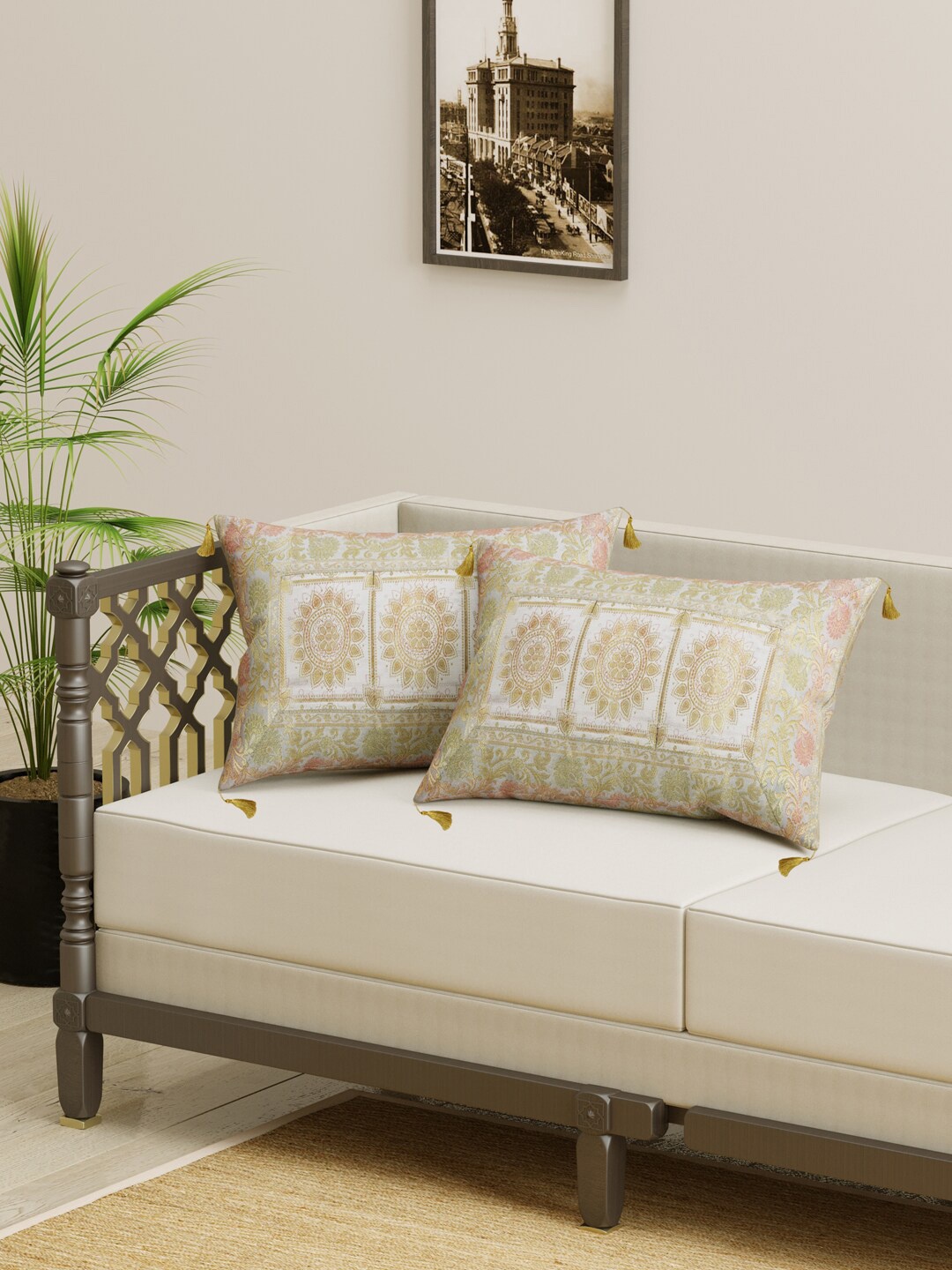 

Gulaab Jaipur White & Gold-Toned Set of 2 Ethnic Motifs Rectangle Cushion Covers