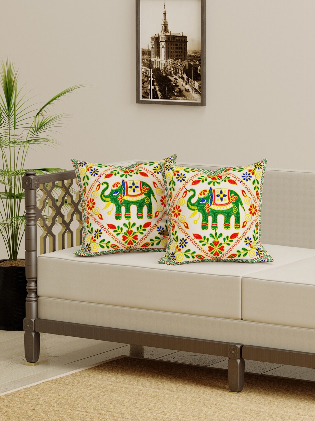 

Gulaab Jaipur Set of 2 Beige & Red Embroidered Square Cushion Covers