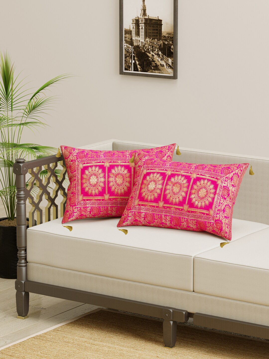 

Gulaab Jaipur Pink & Gold-Toned Set of 2 Ethnic Motifs Rectangle Cushion Covers