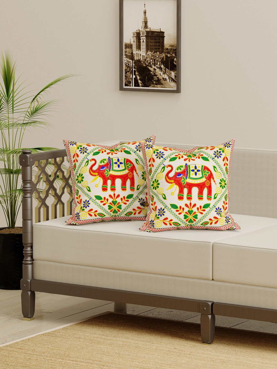 

Gulaab Jaipur Cream-Coloured & Green Set of 2 Embroidered Square Cushion Covers