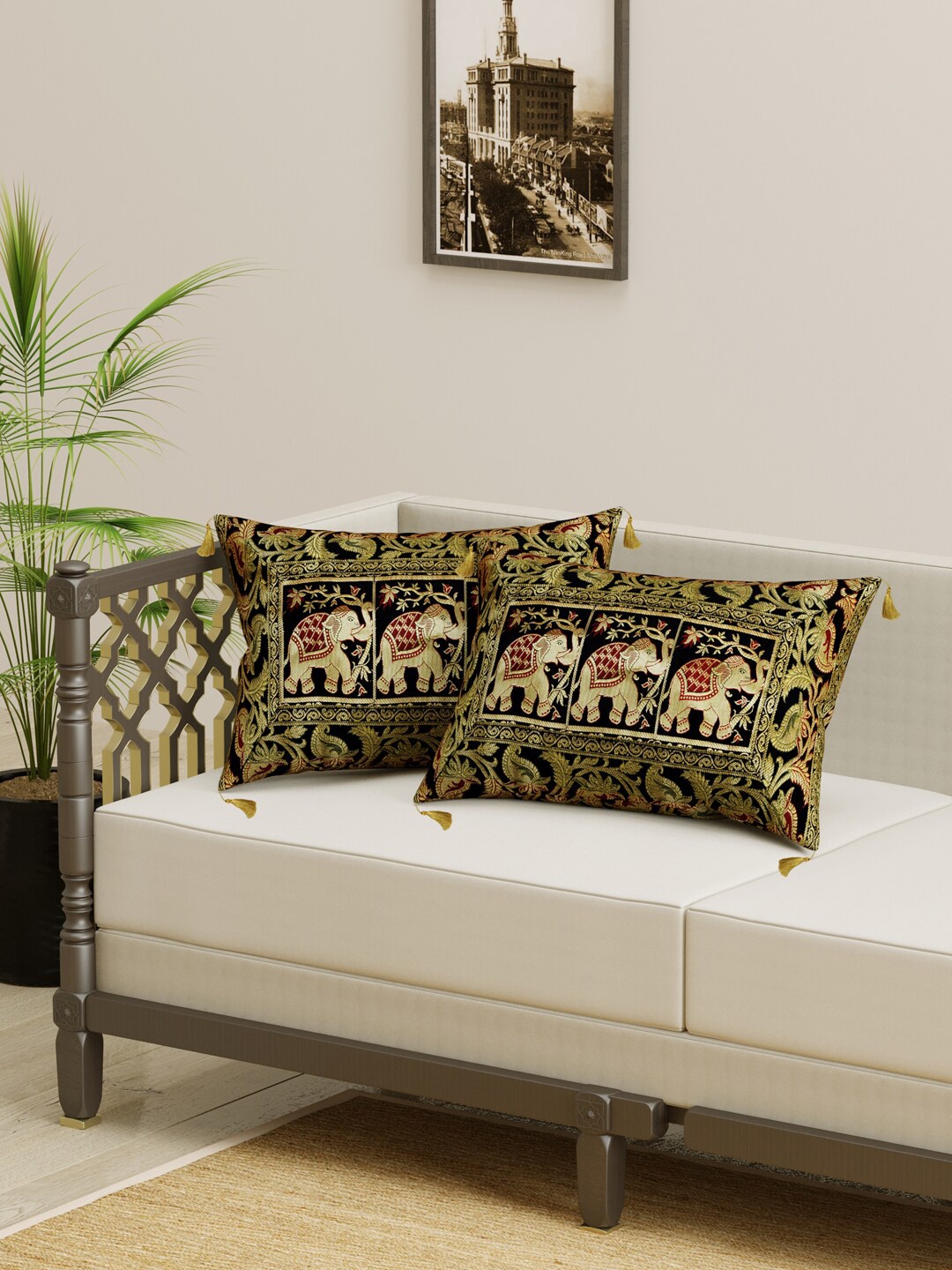 

Gulaab Jaipur Purple & Gold-Toned Set of 2 Ethnic Motifs Rectangle Cushion Covers
