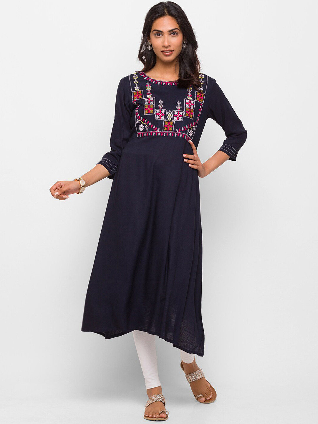 

Globus Women Navy Blue Embroidered Kurta