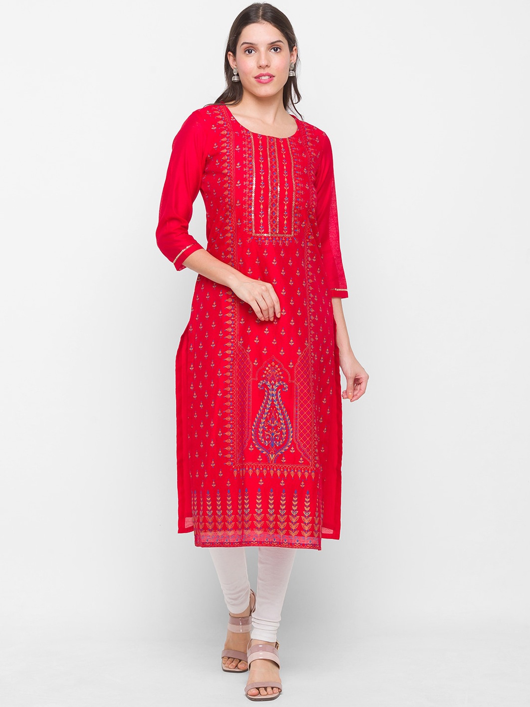

Globus Women Red Ethnic Motifs Printed Chanderi Silk Kurta