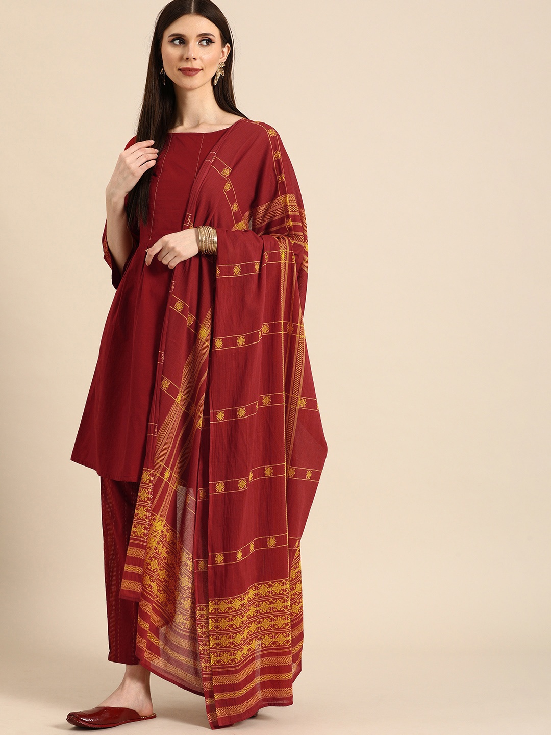 

Anouk Women Maroon Ethnic Motifs Pure Cotton Kurta with Trousers & With Dupatta