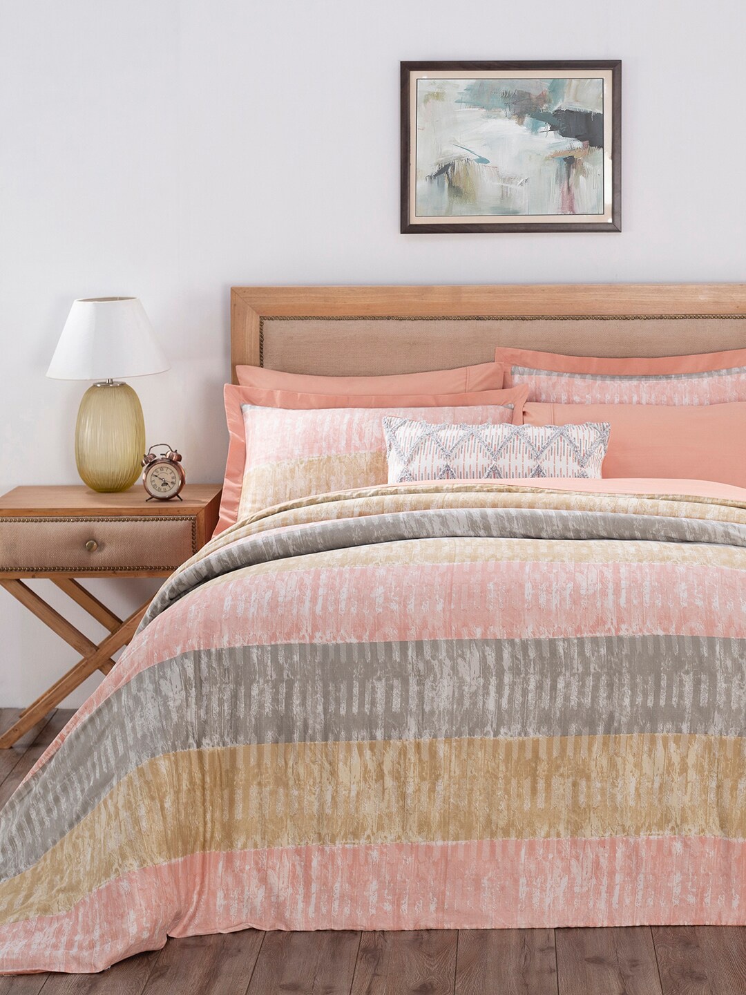 

MASPAR Peach-Coloured & Grey Striped 210 TC Double King Size Cotton Bedding Set