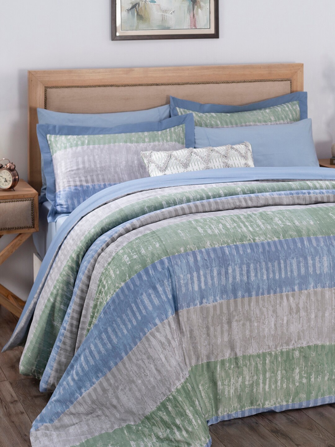 

MASPAR 7-Pieces Blue & Green Striped Pure Cotton 210 TC King Duvet Cover Set