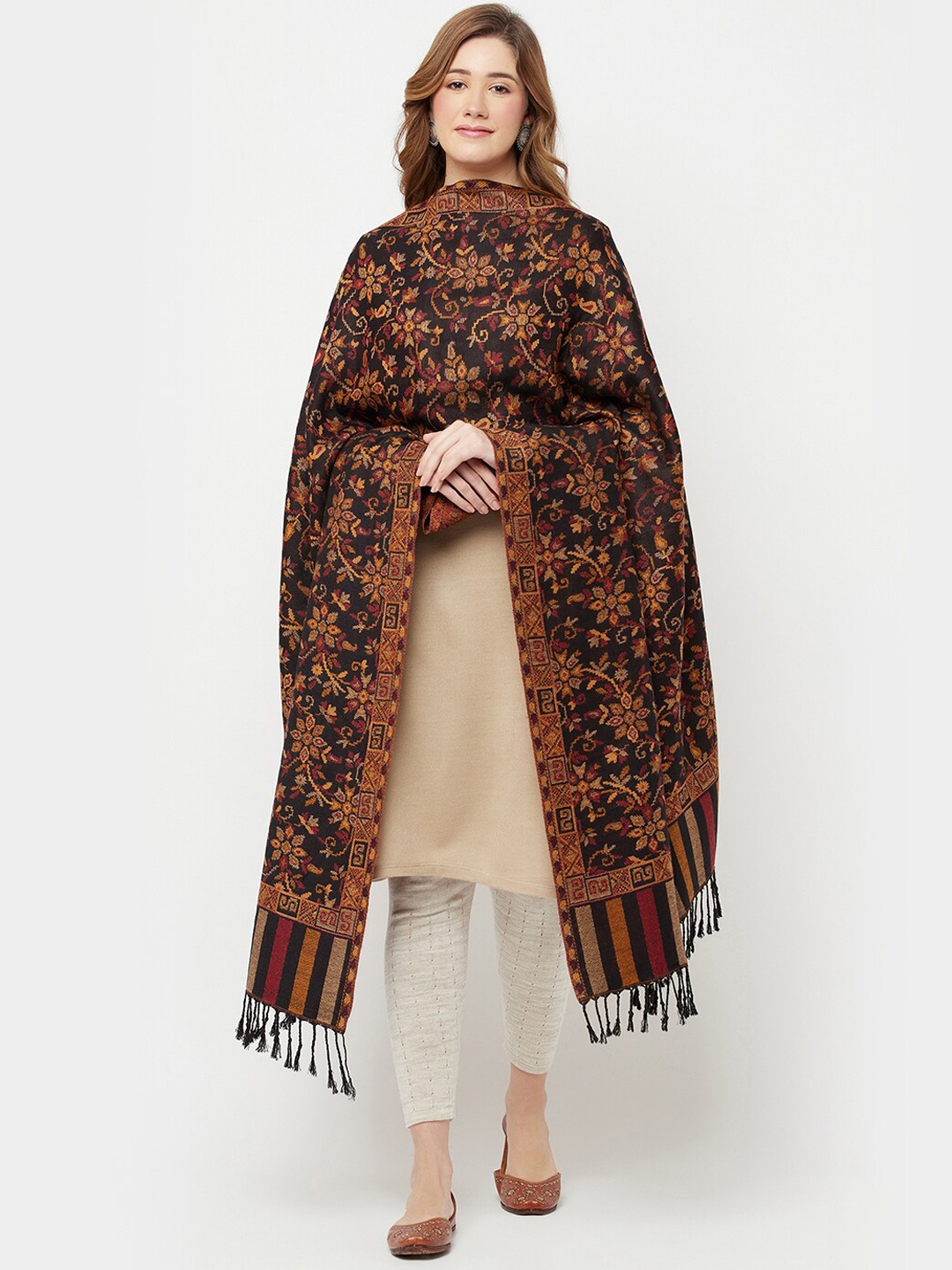 

Safaa Women Black & Brown Woven Design Shawl