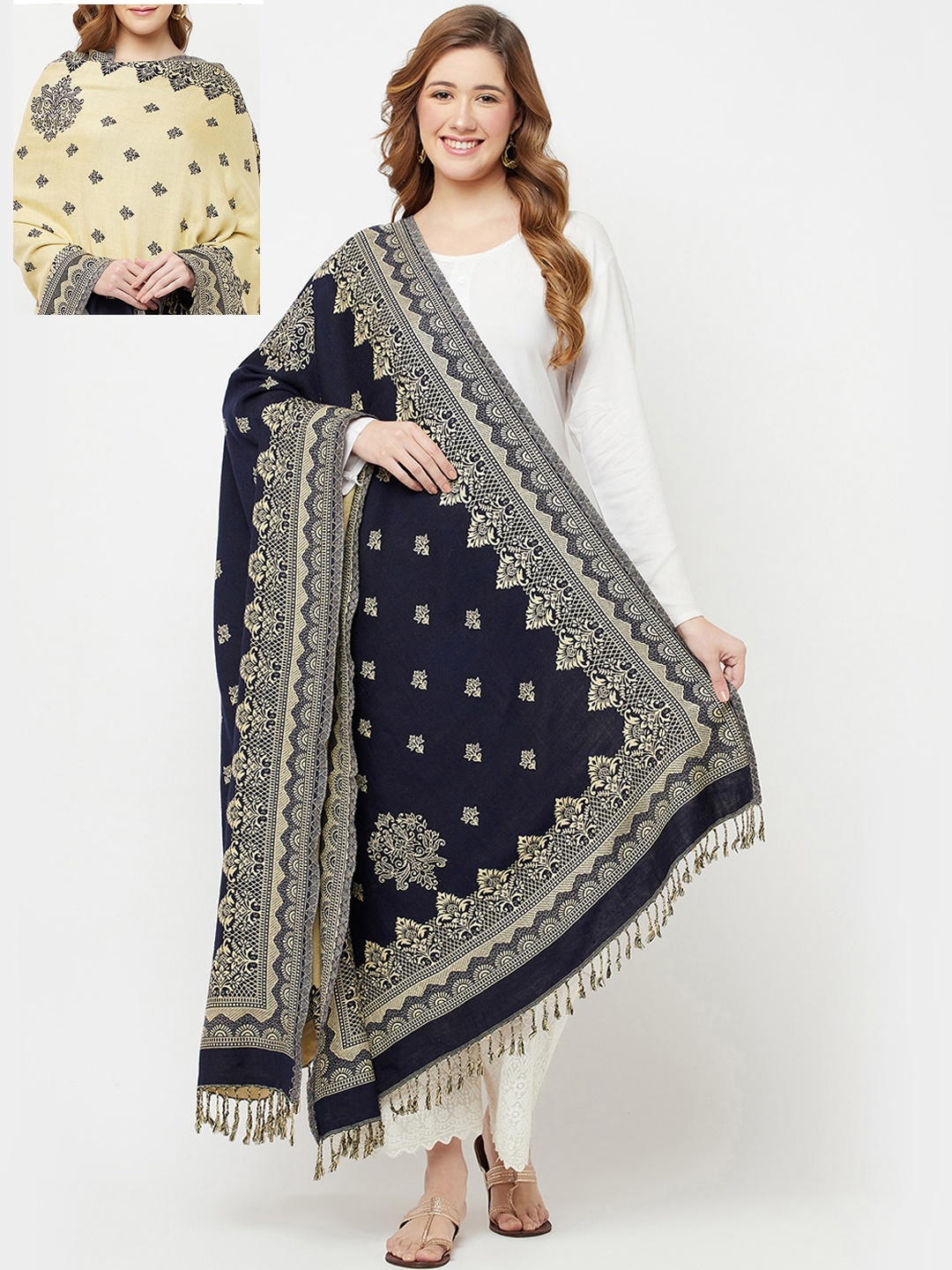 

Safaa Women Navy Blue & Cream-Coloured Woven Design Acrylic Shawl