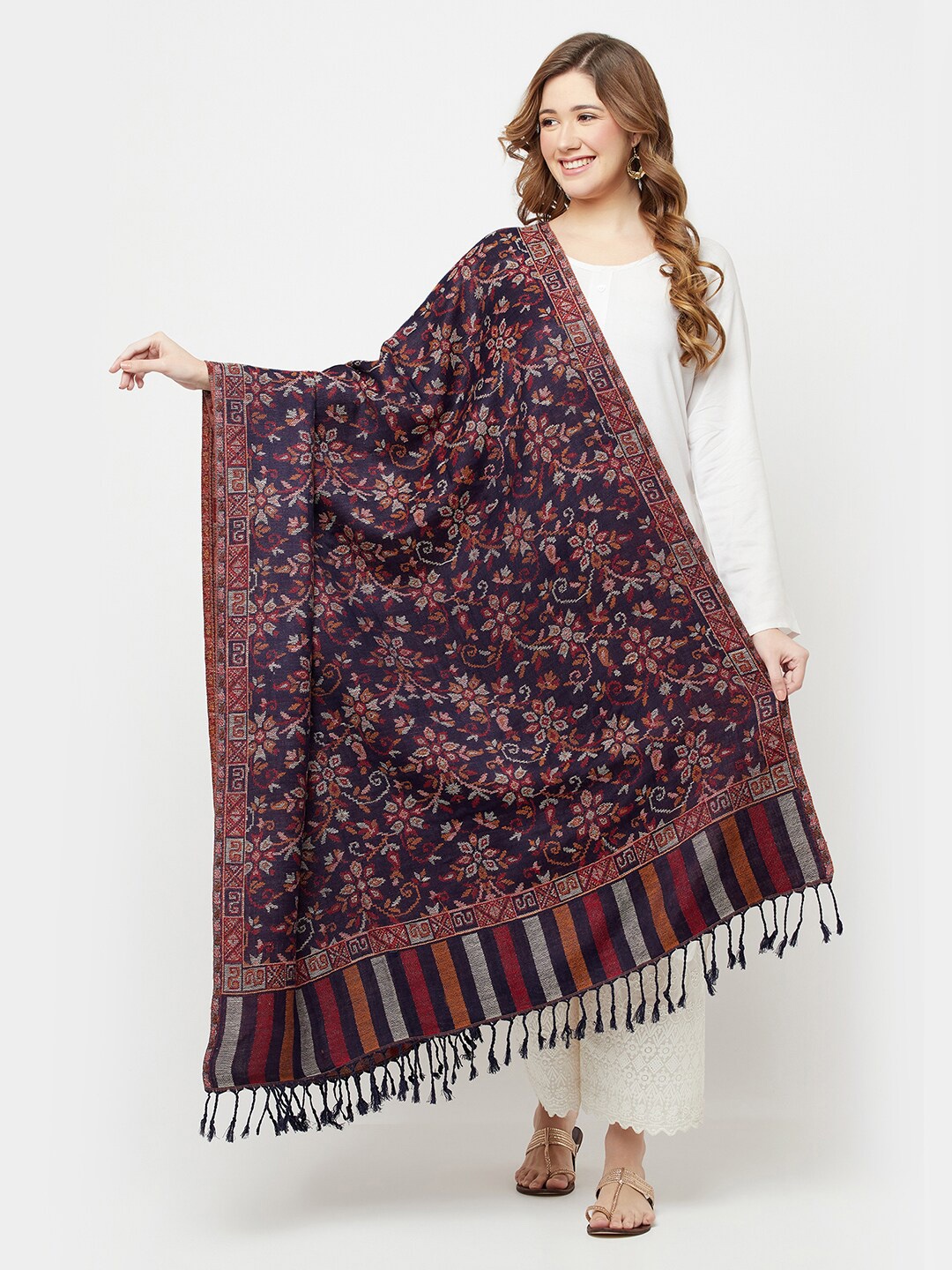 

Safaa Women Navy Blue & Red Woven Design Shawl