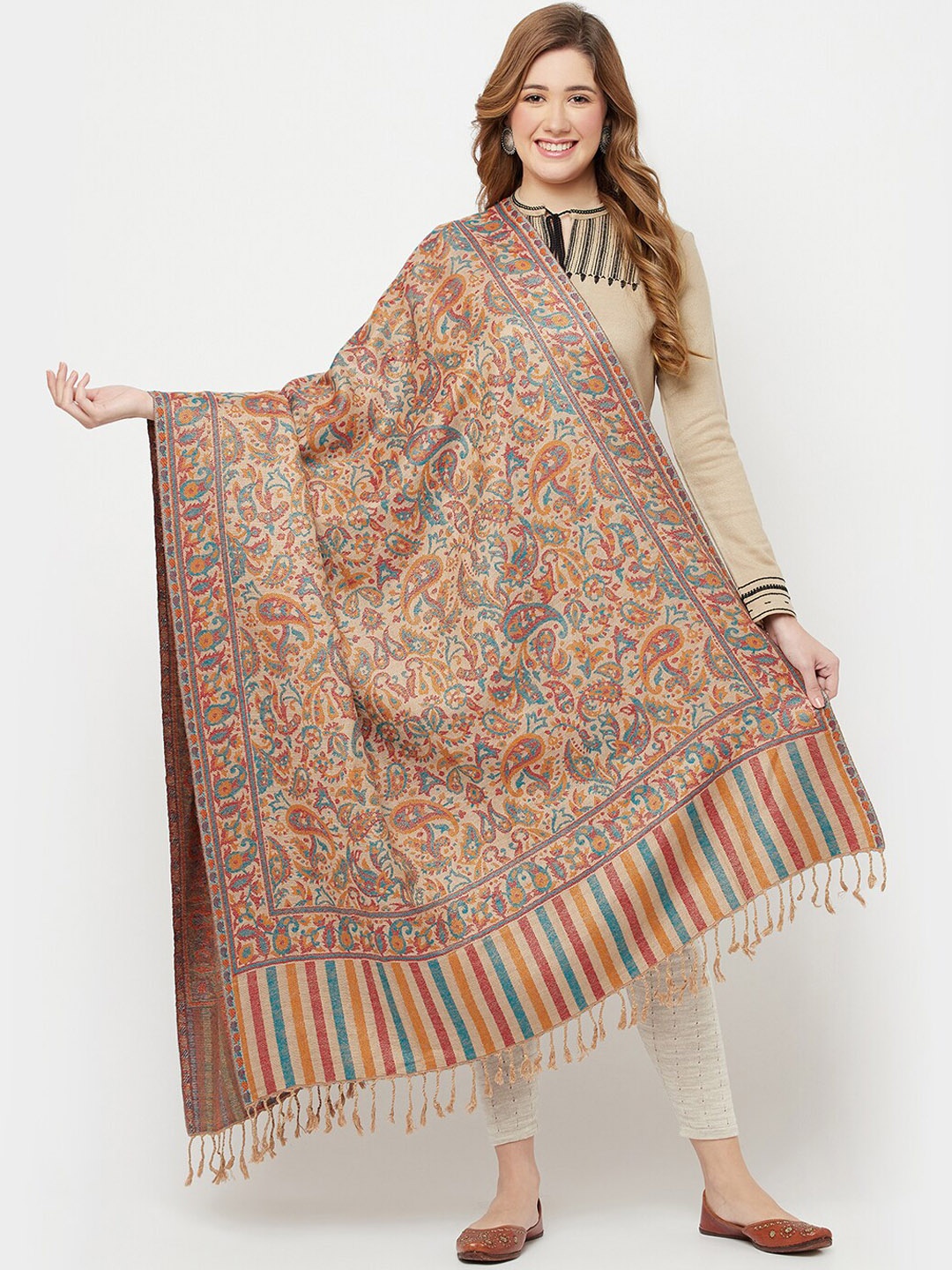 

Safaa Women Cream-Colured & Blue Woven Design Shawl