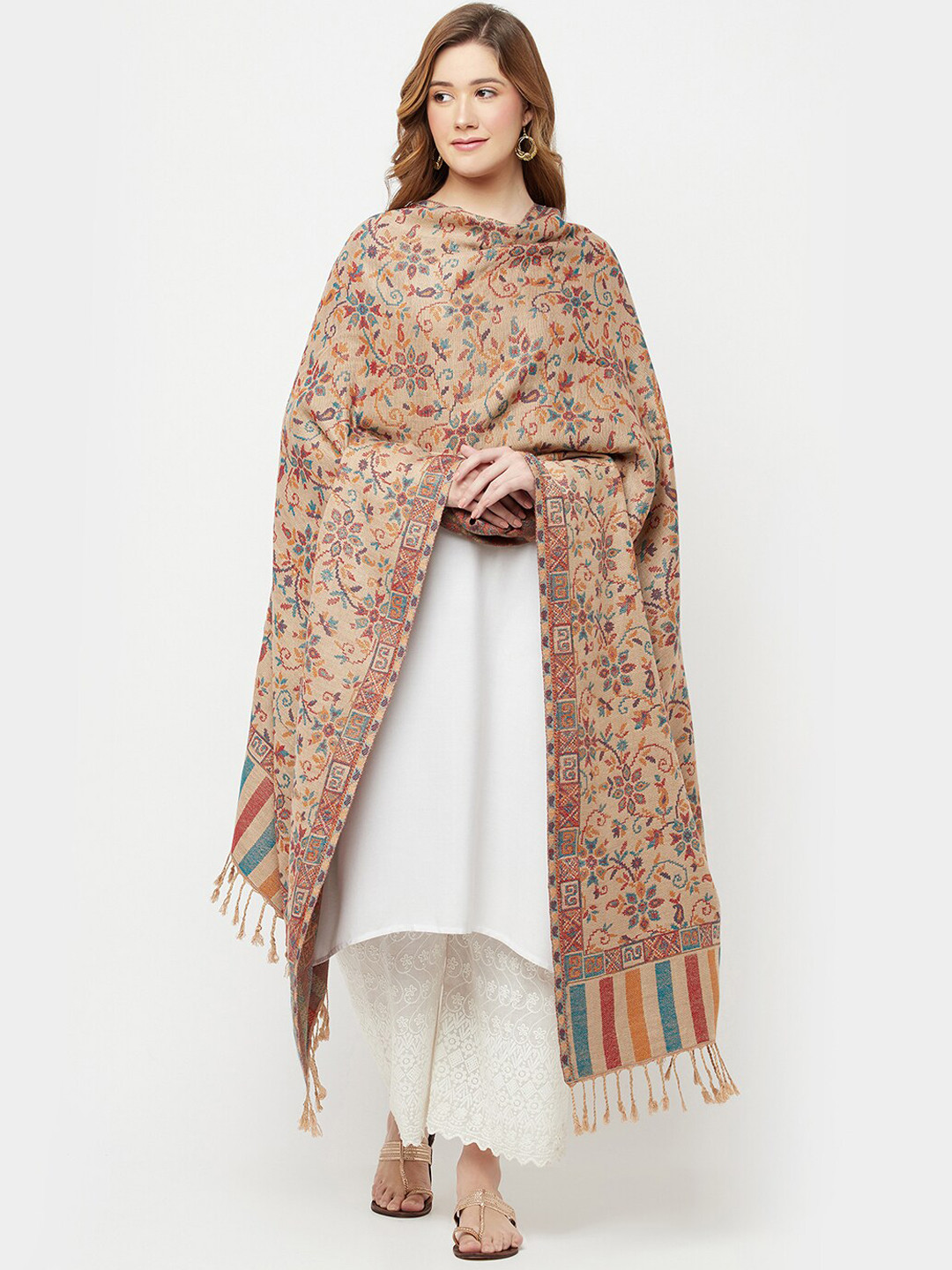 

Safaa Women Cream-Coloured & Brown Woven Design Acrylic Shawl