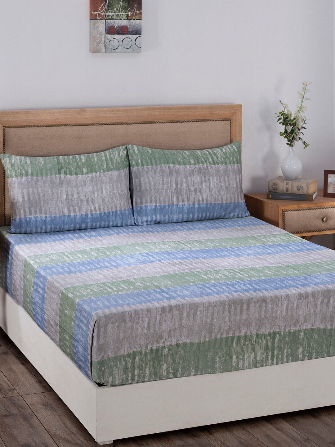 

MASPAR Blue & Green Striped 210 TC Queen Bedsheet with 2 Pillow Covers
