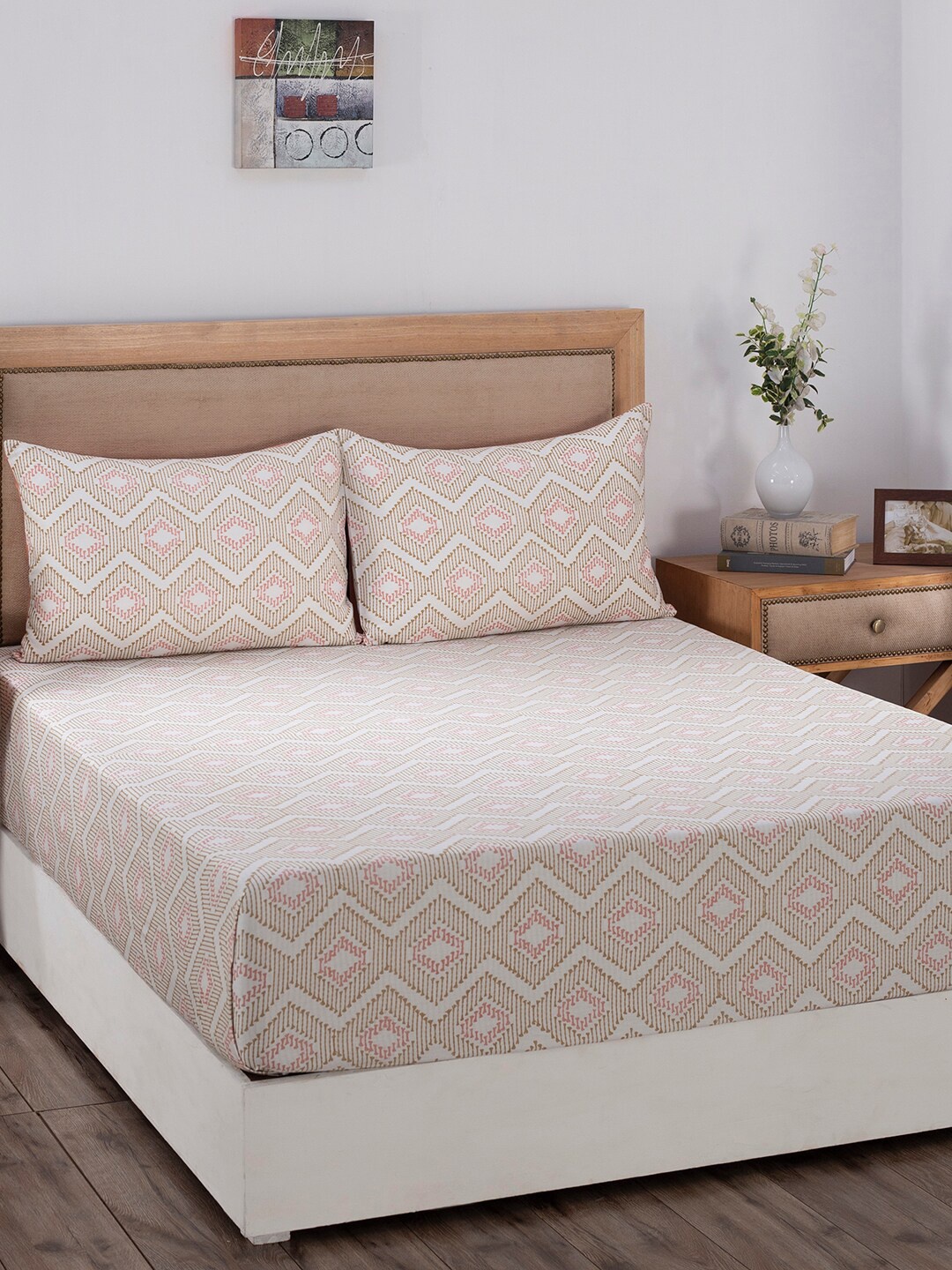 

MASPAR Peach & Off-White Abstract Printed 210 TC Single Bedsheet with 1 Pillow Cover