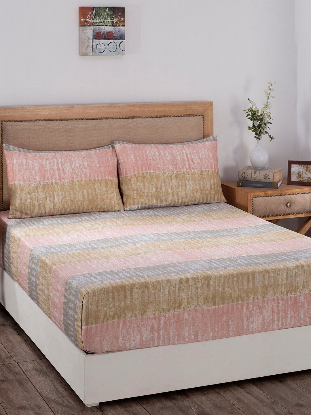 

MASPAR Peach & Grey 210 TC Double Striped Bed Sheet with 2 Pillow Covers