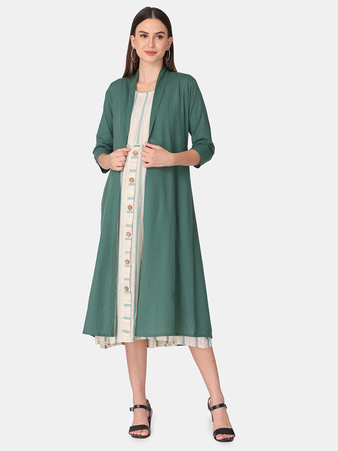 

The Mom Store Green Striped Maternity A-Line Midi Dress With Shrug