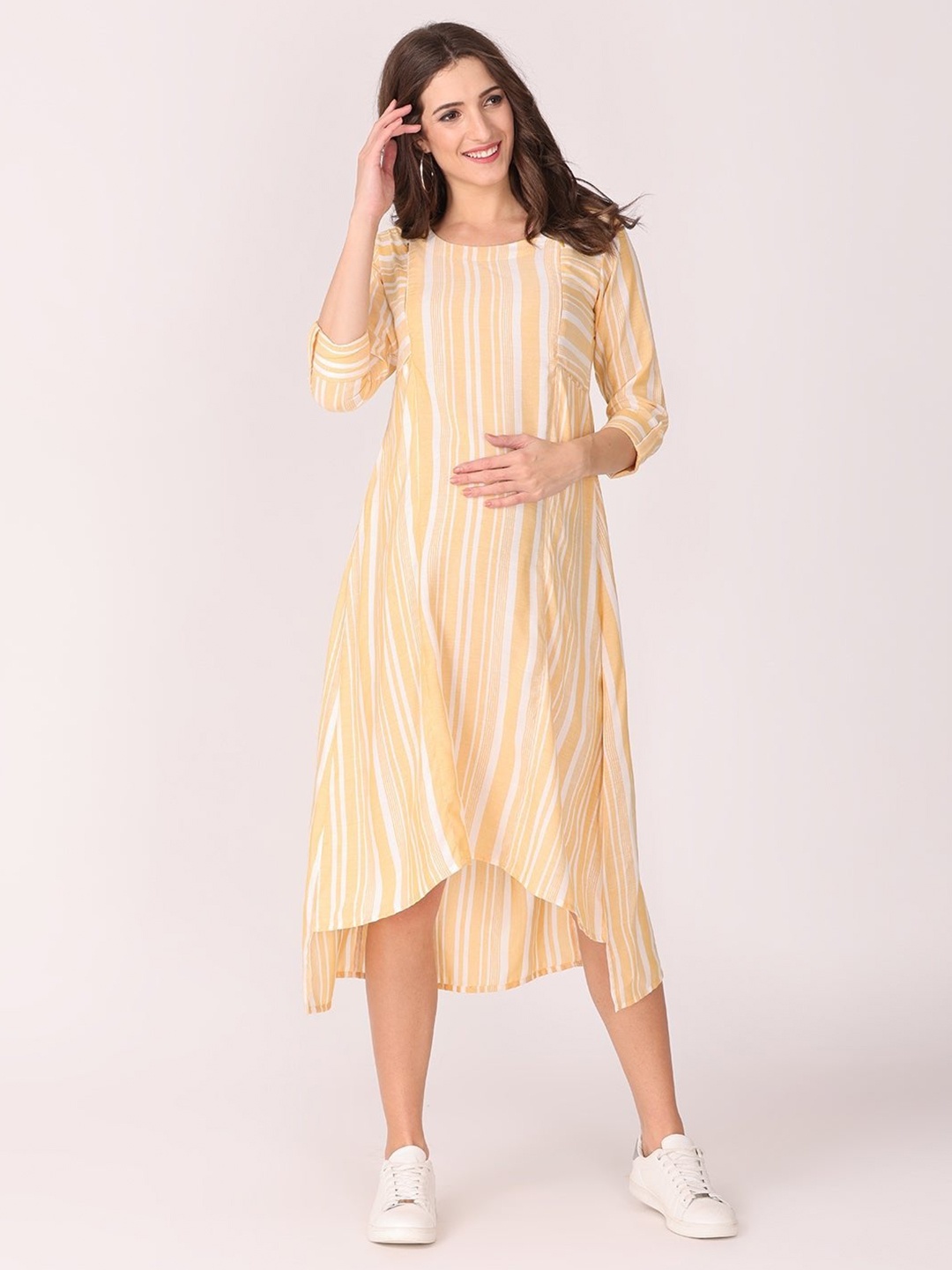

The Mom Store Yellow & White Striped Maternity A-Line Midi Dress