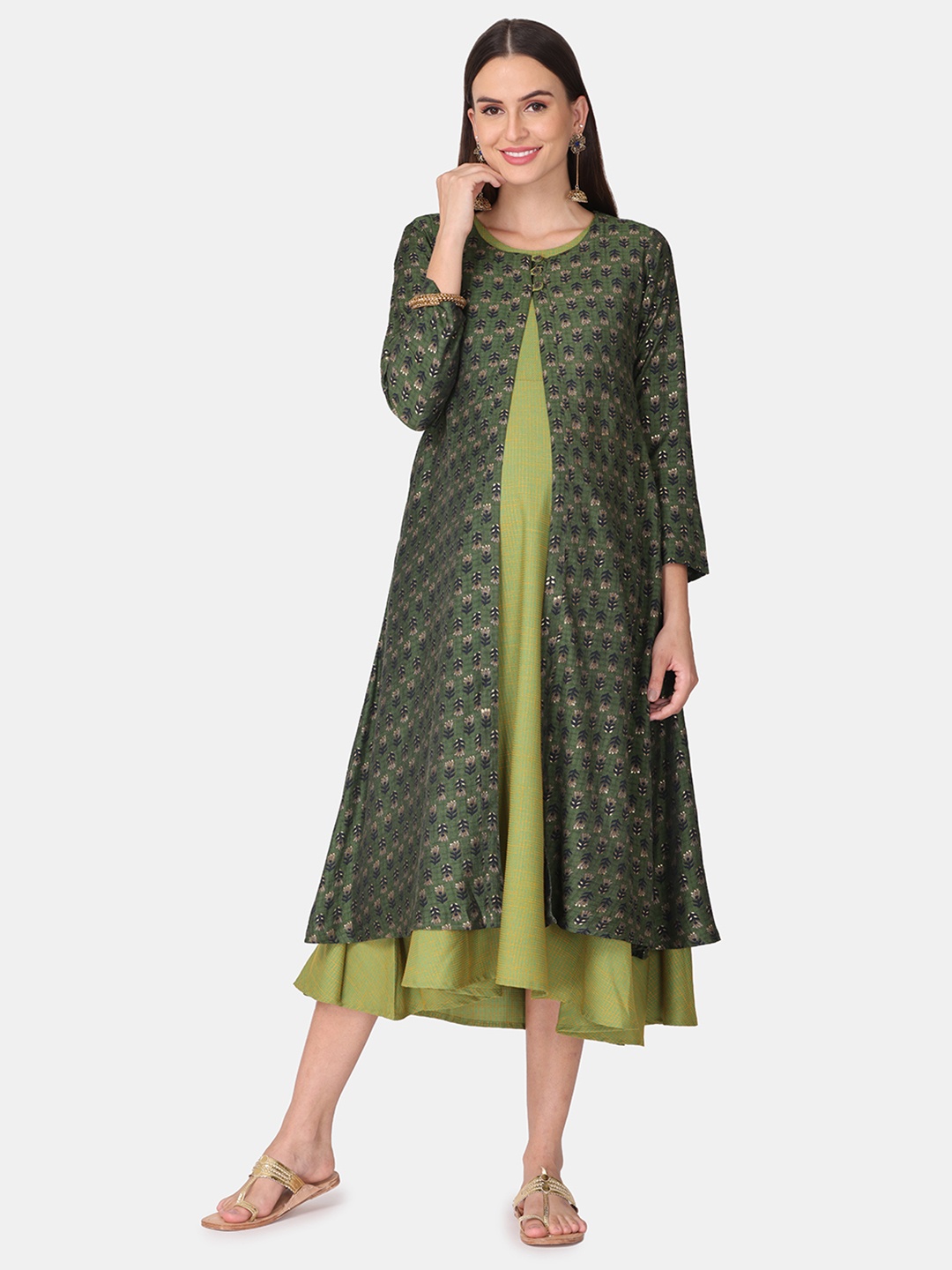 

The Mom Store Green Ethnic Motifs Layered Maternity A-Line Midi Dress