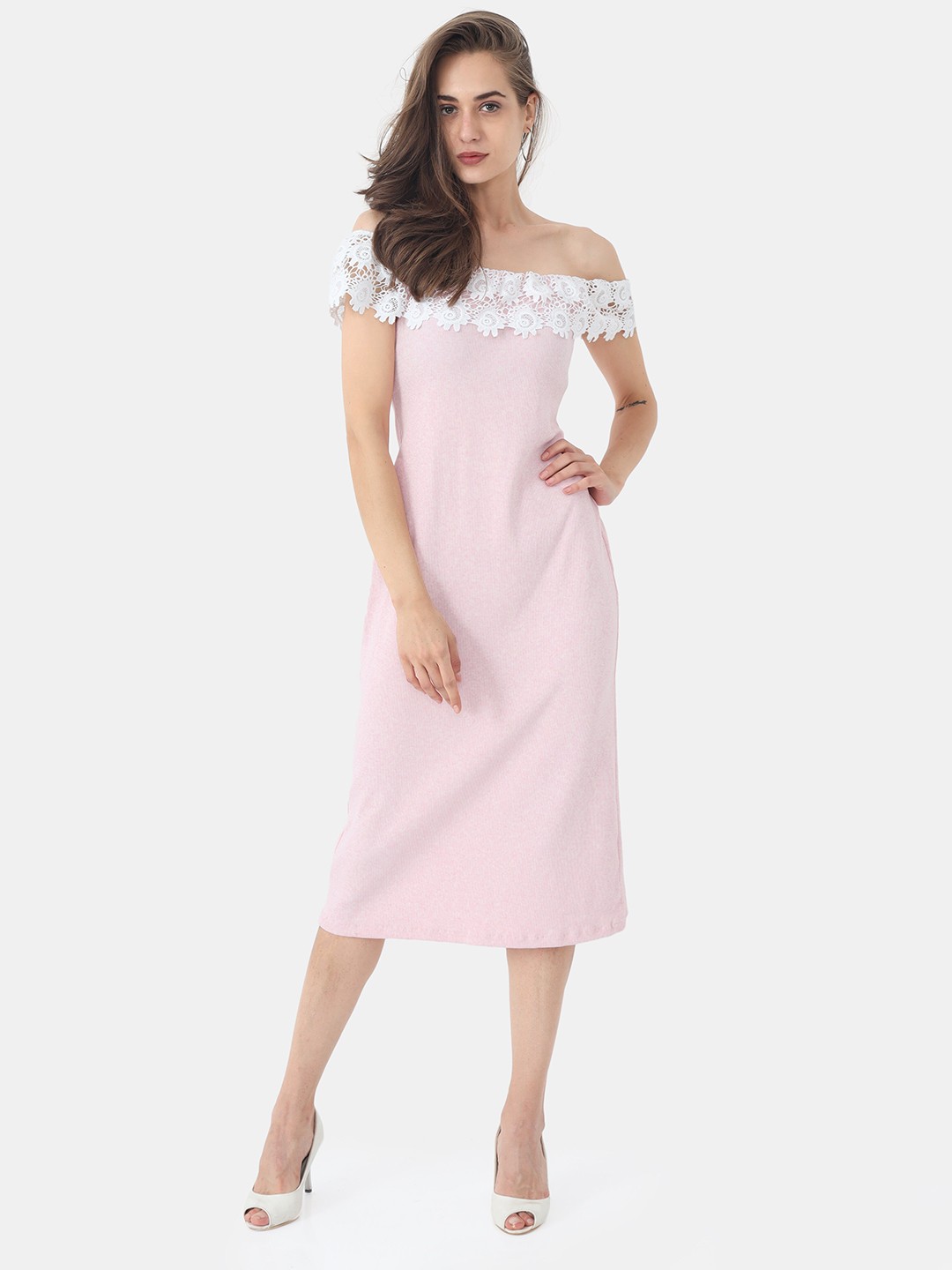 

STYL CO Pink Lace Off-Shoulder A-Line Cotton Midi Dress