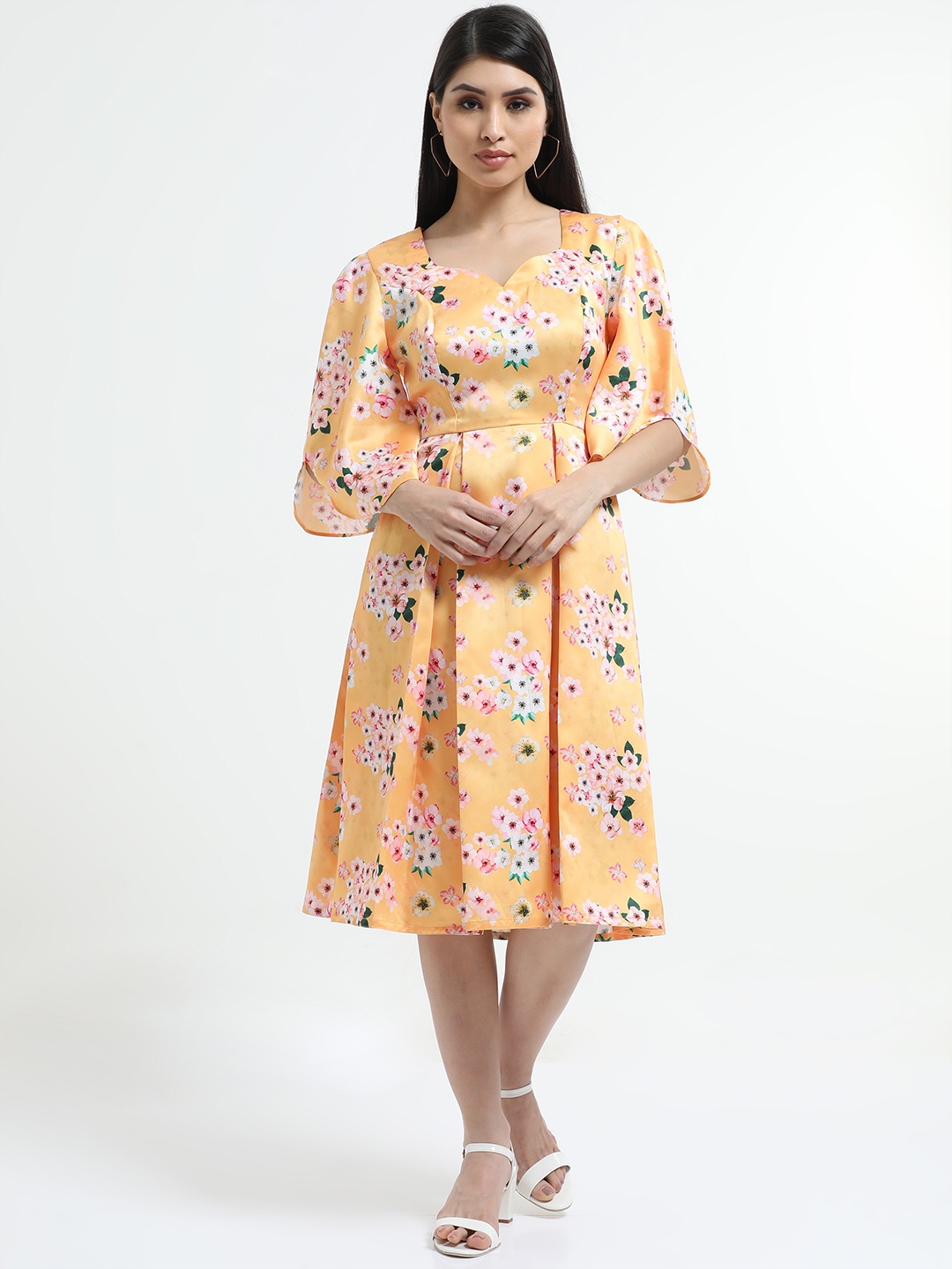 

STYL CO Yellow & Pink Floral Satin Pleated Vintage Dress