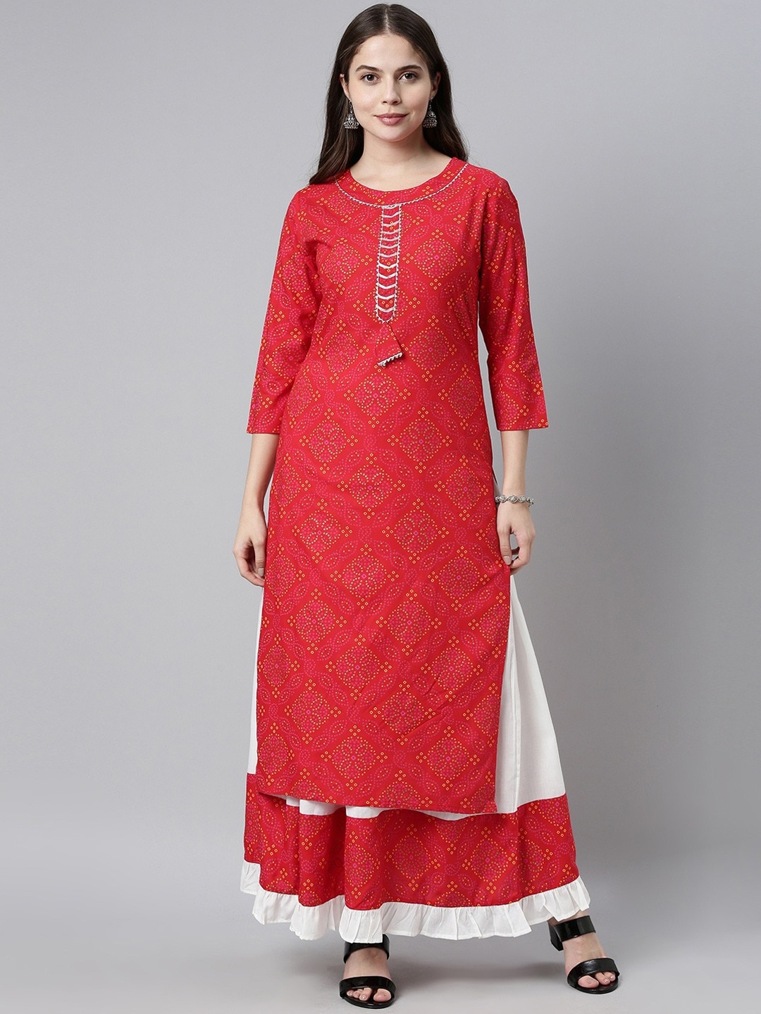 

GoSriKi Women Red & White Bandhani Printed Kurta with Skirt
