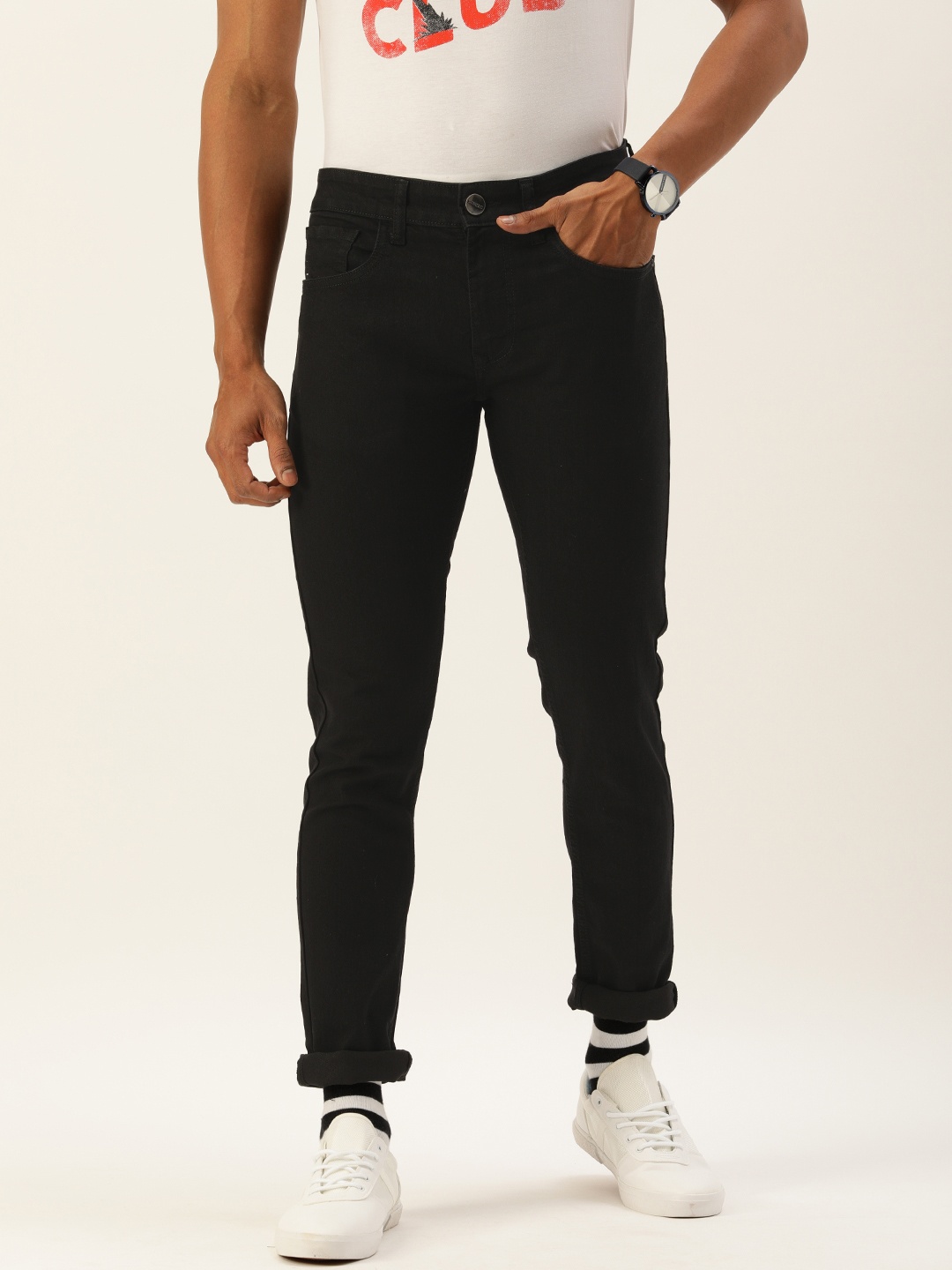 

SINGLE Men Black Slim Tapered Fit Stretchable Jeans