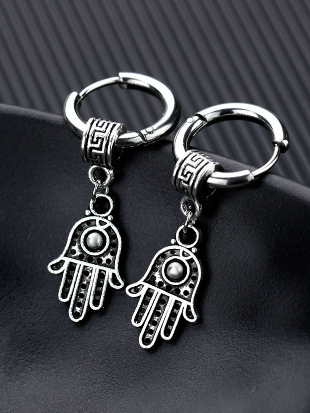 

EL REGALO Silver-Plated Hamsa-Hand Oxidised Drop Earrings