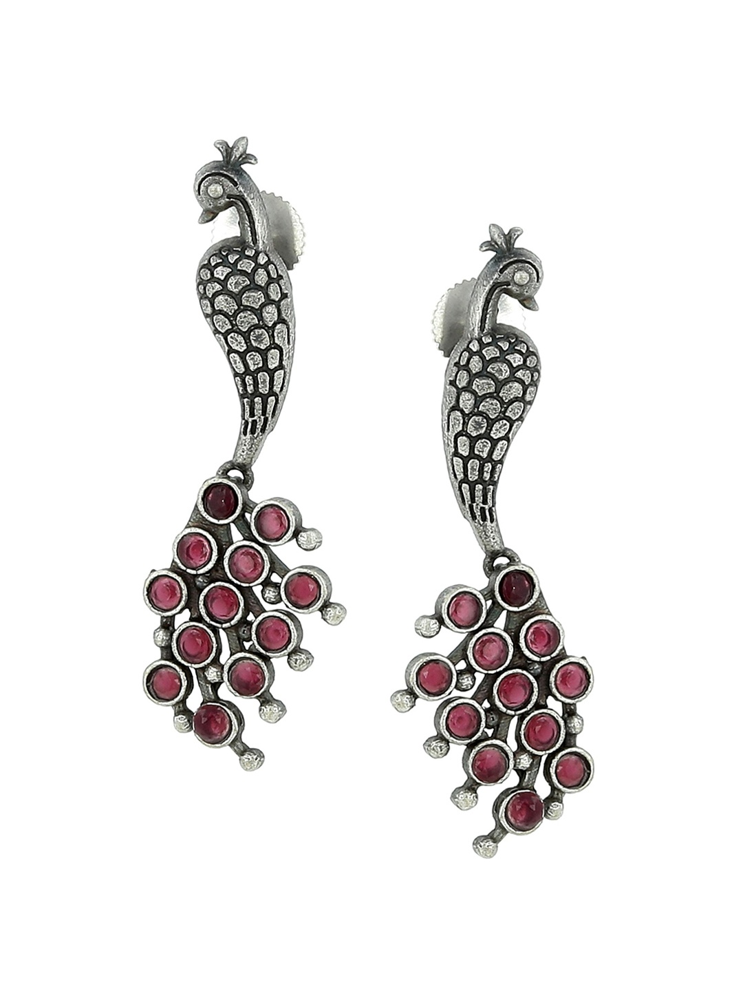 

EL REGALO Silver & Red Peacock Shaped Oxidised Drop Earrings