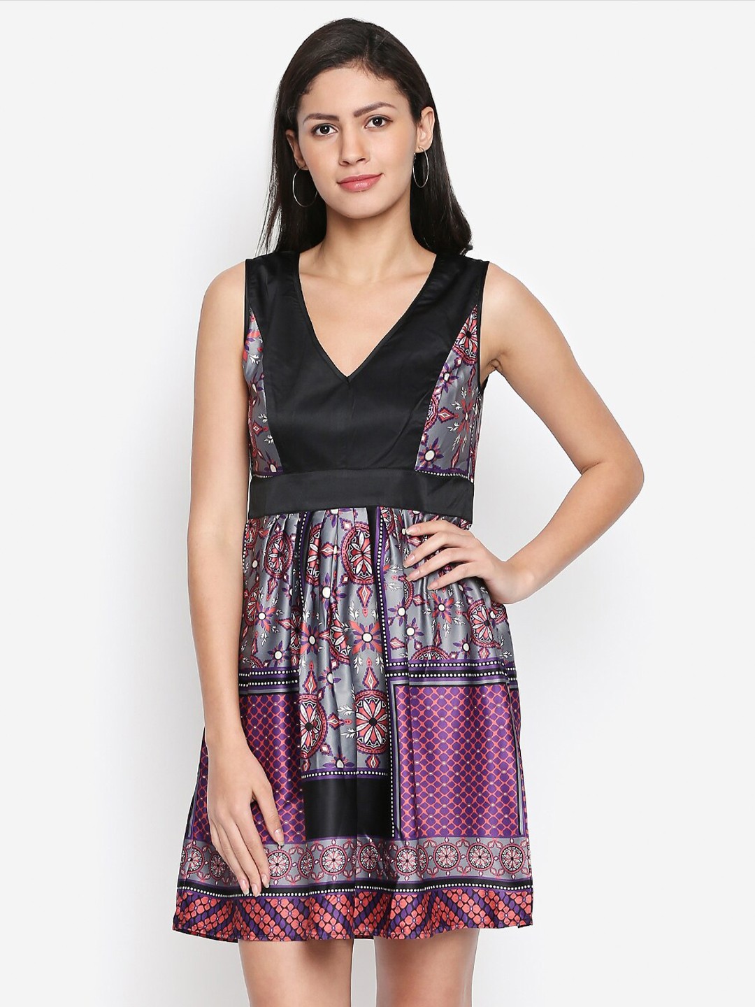 

aaliya Multicoloured Ethnic Motifs Satin A-Line Dress, Multi