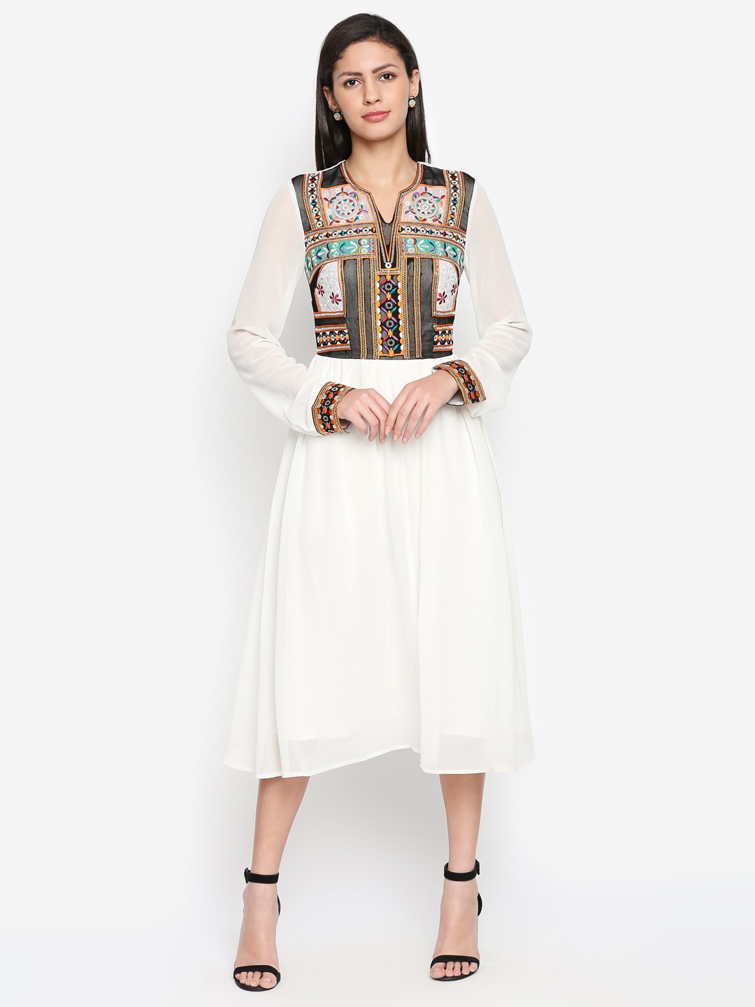 

aaliya White Embroidered Georgette Ethnic Midi Dress