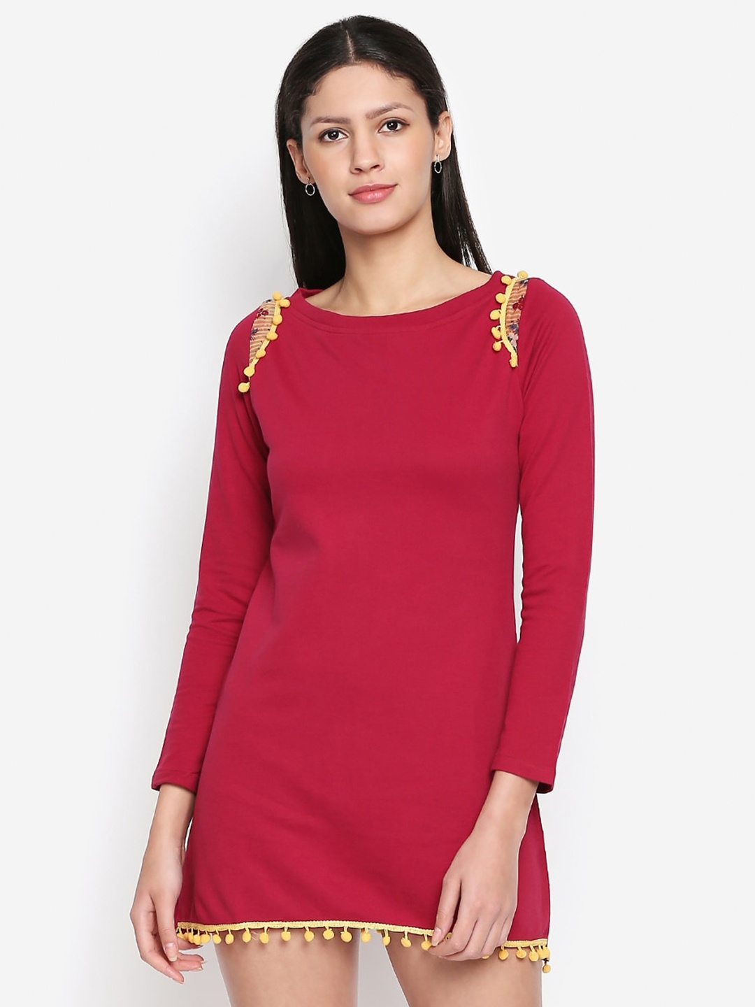 

aaliya Maroon Boat Neck Pom-pom Detail Sheath Mini Dress