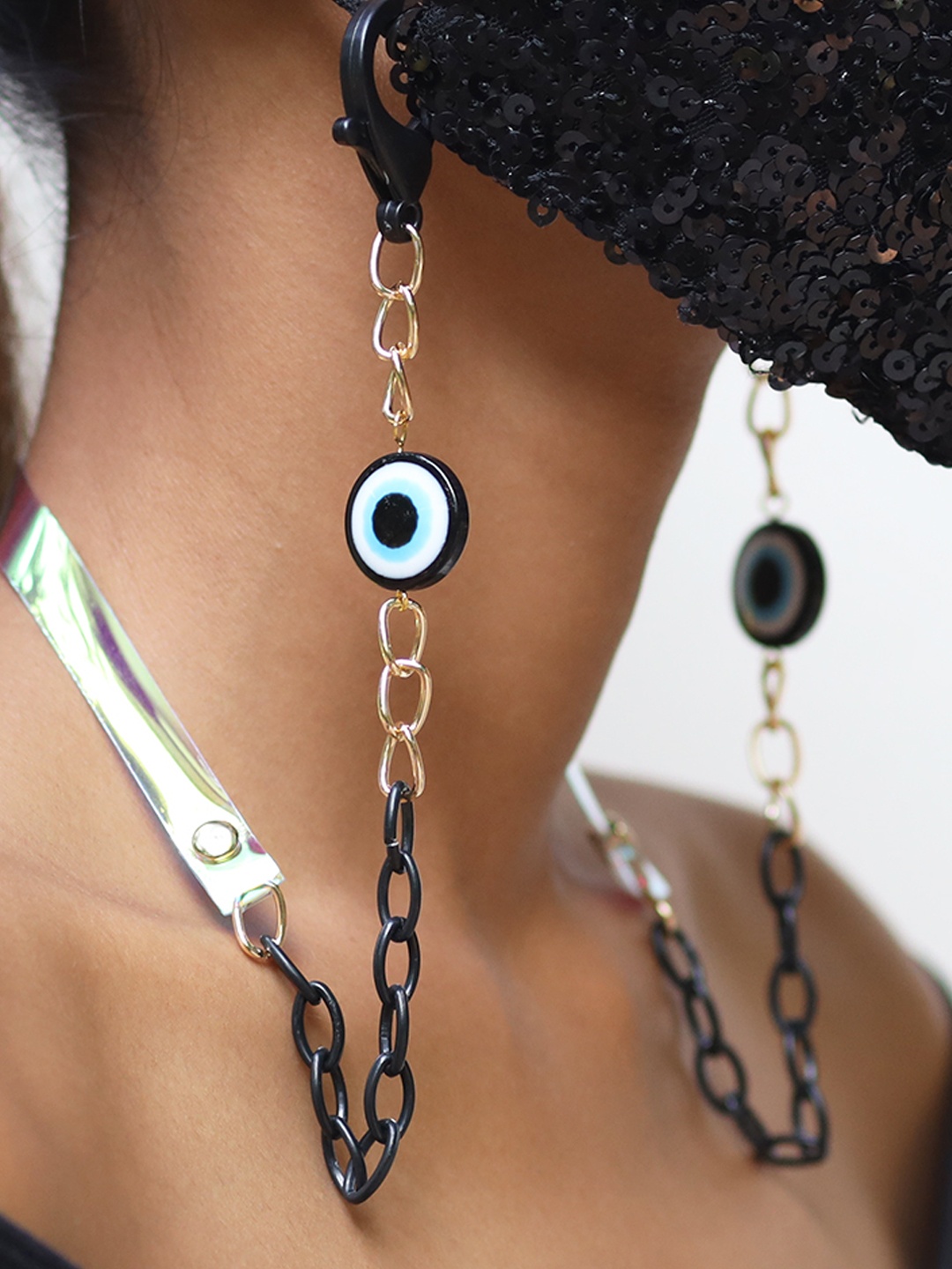 

Ayesha Gold-Toned & Navy Blue Evil Eye Mask & Sunglass Chain-Link