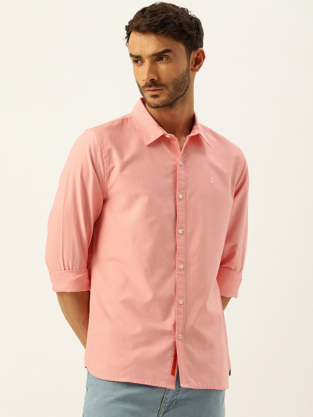 

SINGLE Men Peach-Coloured Solid Slim Fit Pure Cotton Casual Shirt