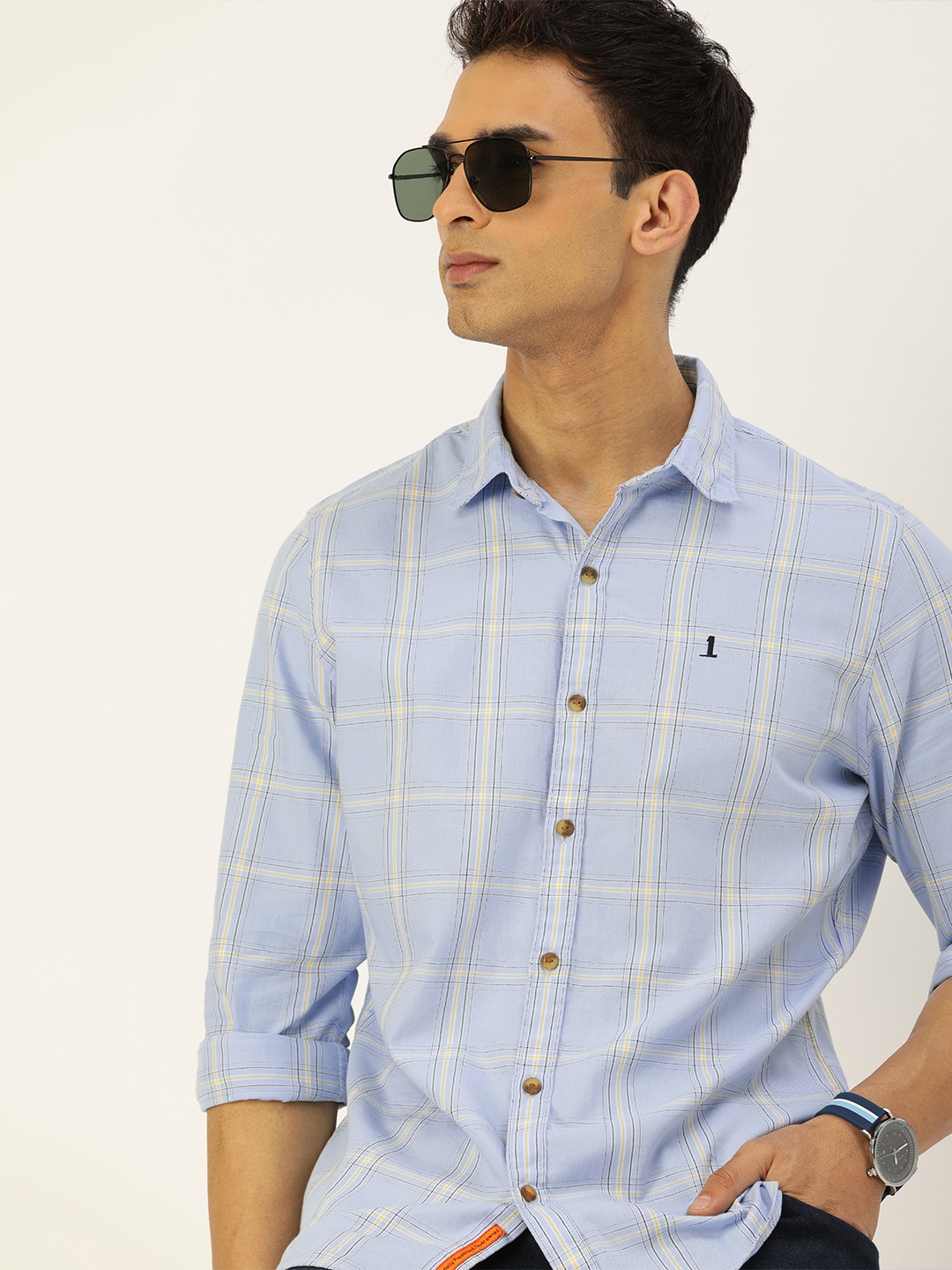 

SINGLE Men Blue & Orange Slim Fit Windowpane Checks Checked Casual Shirt