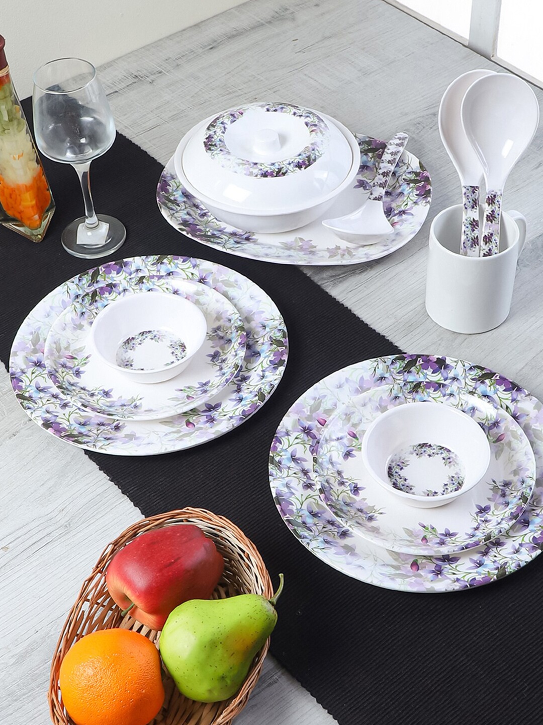 

CDI White & Purple 33 Pieces Printed Melamine Glossy Dinner Set