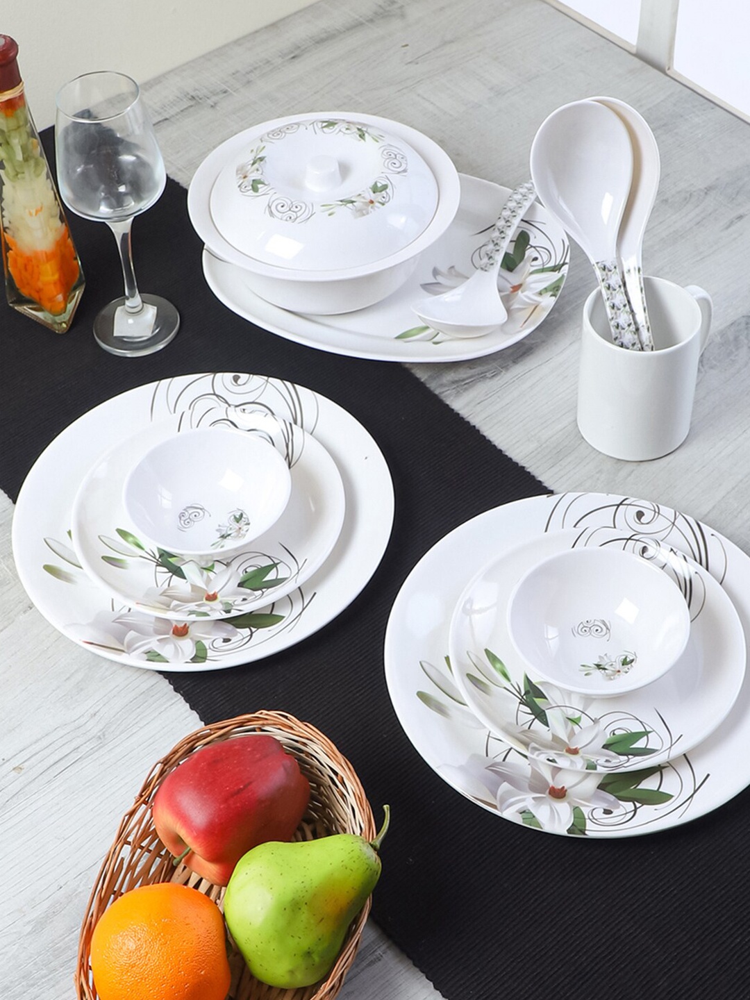 

CDI White & Green 33 Pieces Printed Melamine Glossy Dinner Set