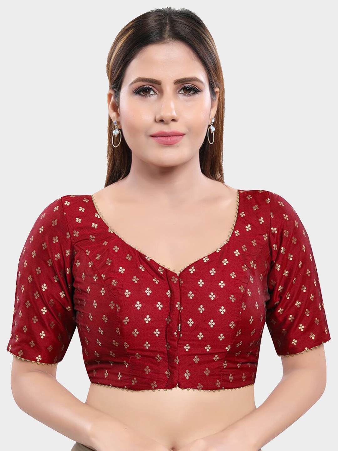 

SALWAR STUDIO Women Maroon & Gold Printed Readymade Saree Blouse