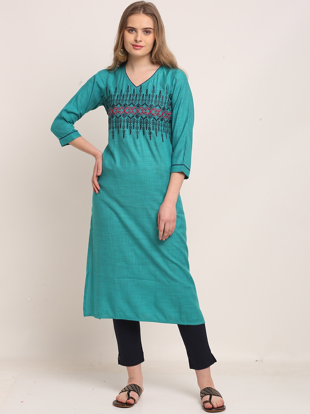 

Lovely Lady Women Teal Thread Work Straight Kurta