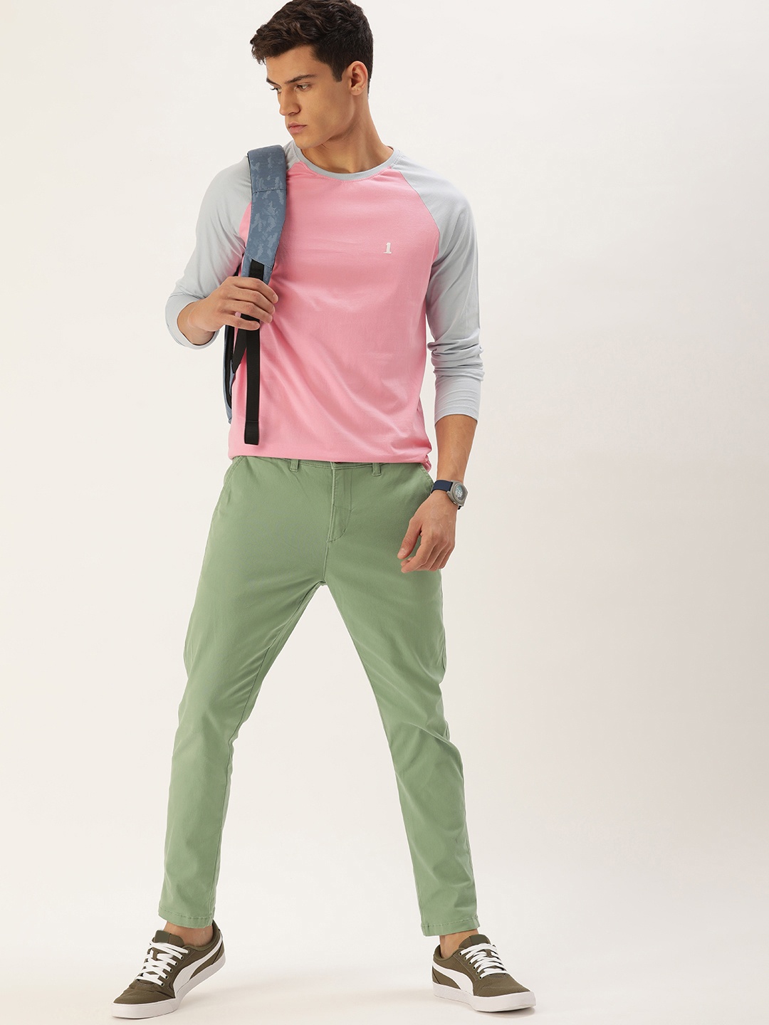 

SINGLE Men Pink Pure Cotton Slim Fit T-shirt with Contrast Sleeves