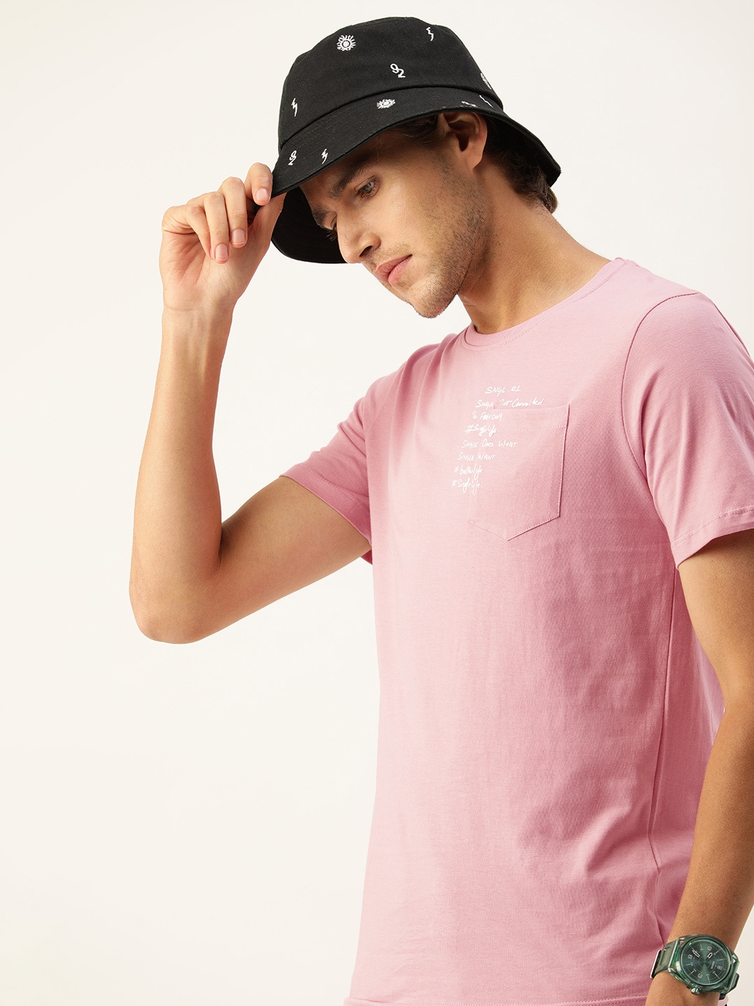 

SINGLE Men Pink & White Typography Printed Pure Cotton T-shirt