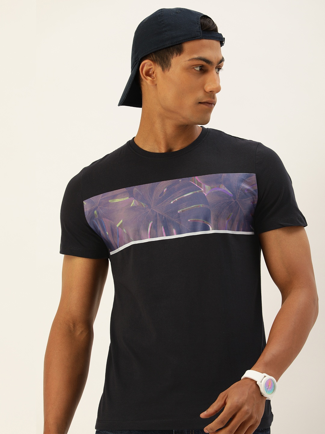 

SINGLE Men Black & Purple Printed Pure Cotton T-shirt