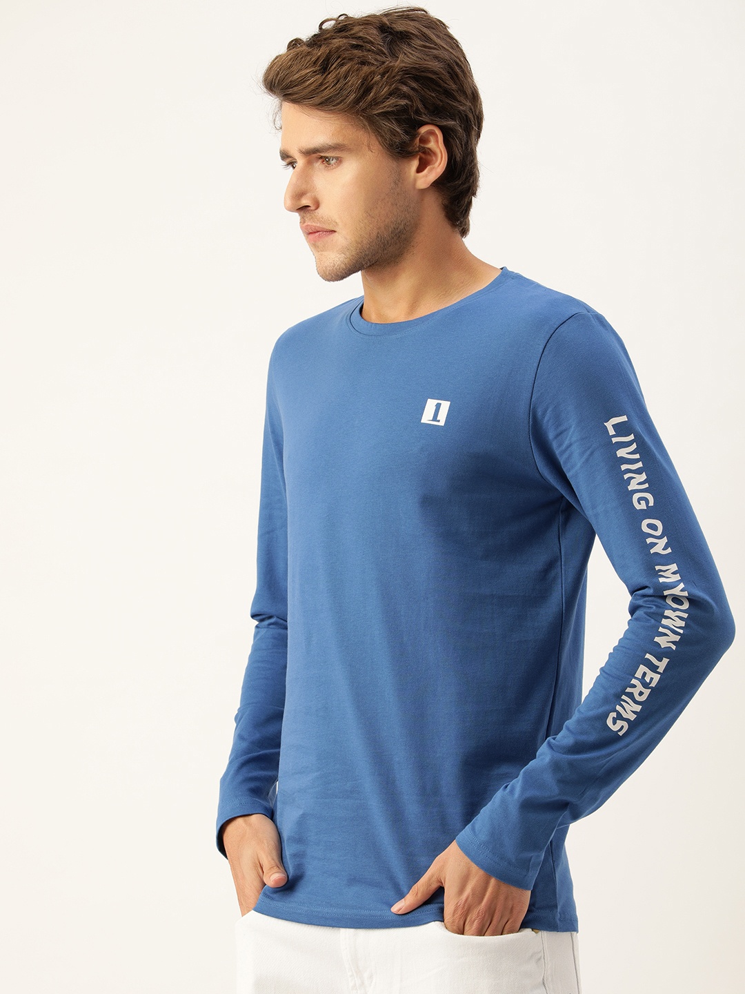 

SINGLE Men Blue & White Typography Printed Pure Cotton T-shirt