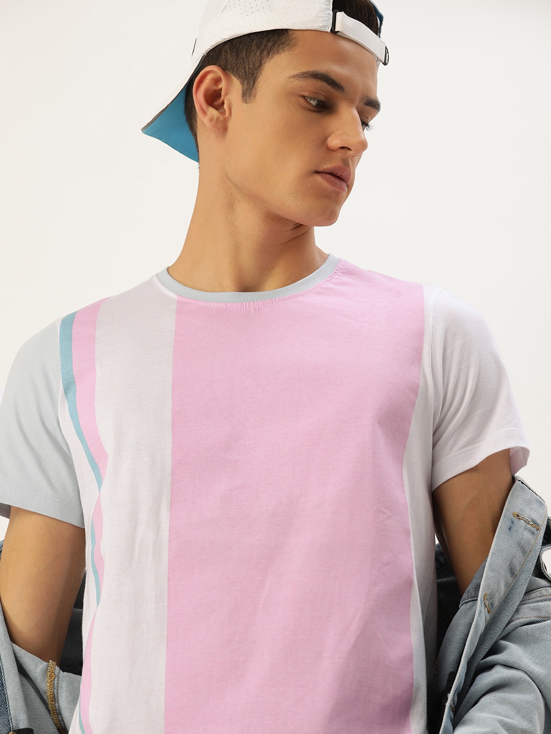 

SINGLE Men Pink & White Colourblocked Pure Cotton Slim Fit T-shirt